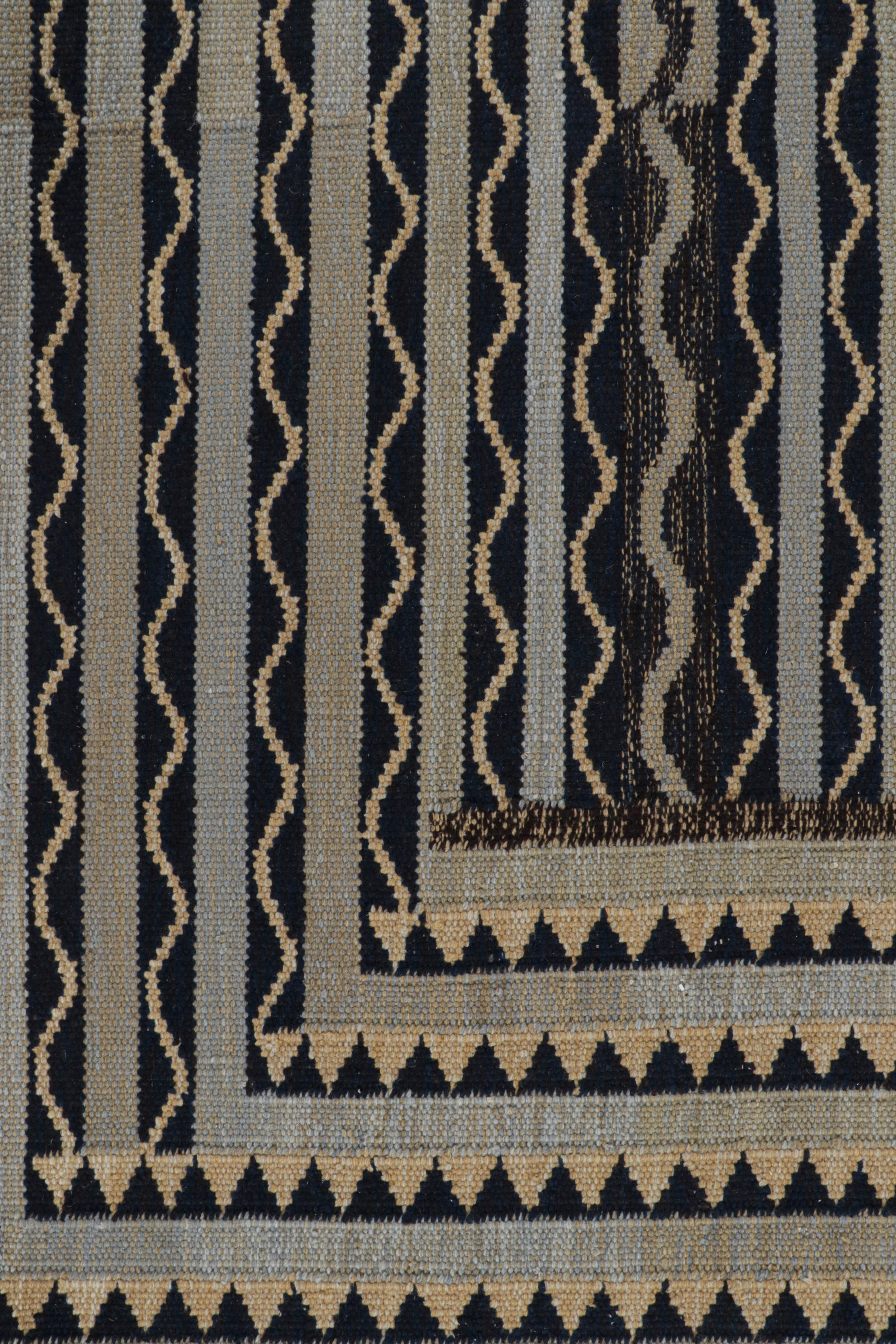 Modern Rug & Kilim’s Scandinavian Style Rug with Black and Gold Geometric Patterns For Sale