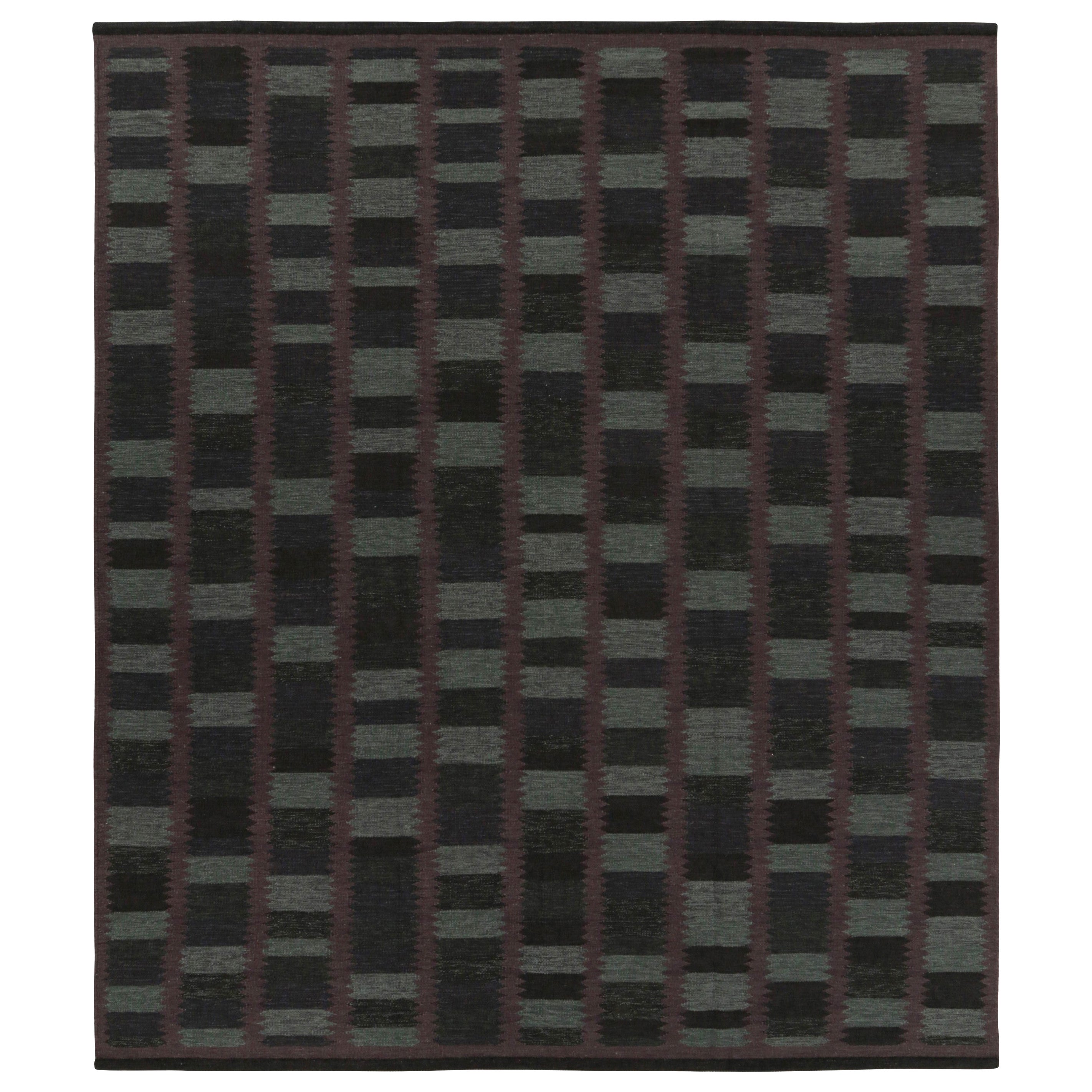 Rug
Kilim
s Teppich im skandinavischen Stil mit schwarzem, grauem und violettem geometrischem Muster