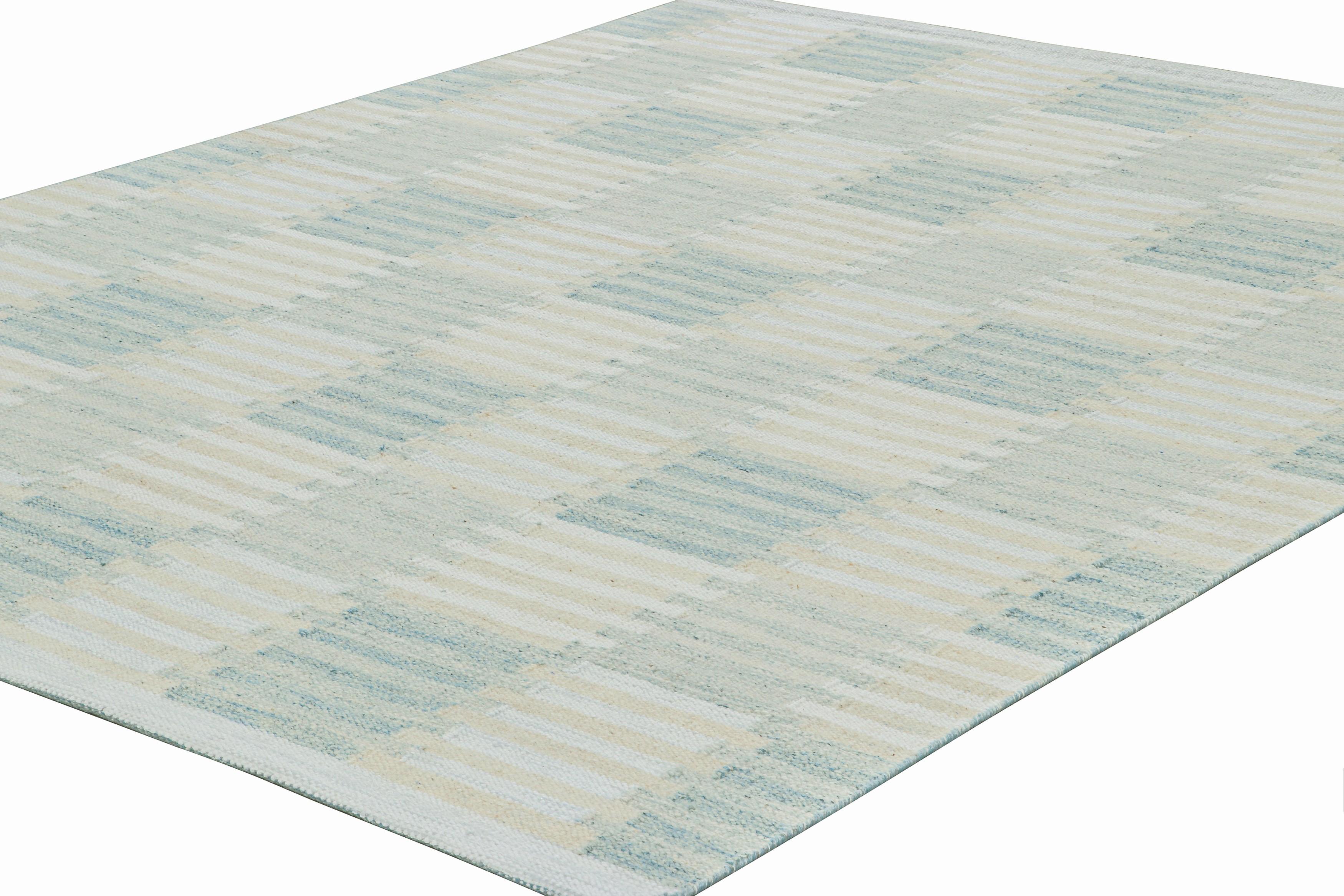 Indian Rug & Kilim’s Scandinavian Style Rug with Blue and Cream White Geometric Pattern For Sale