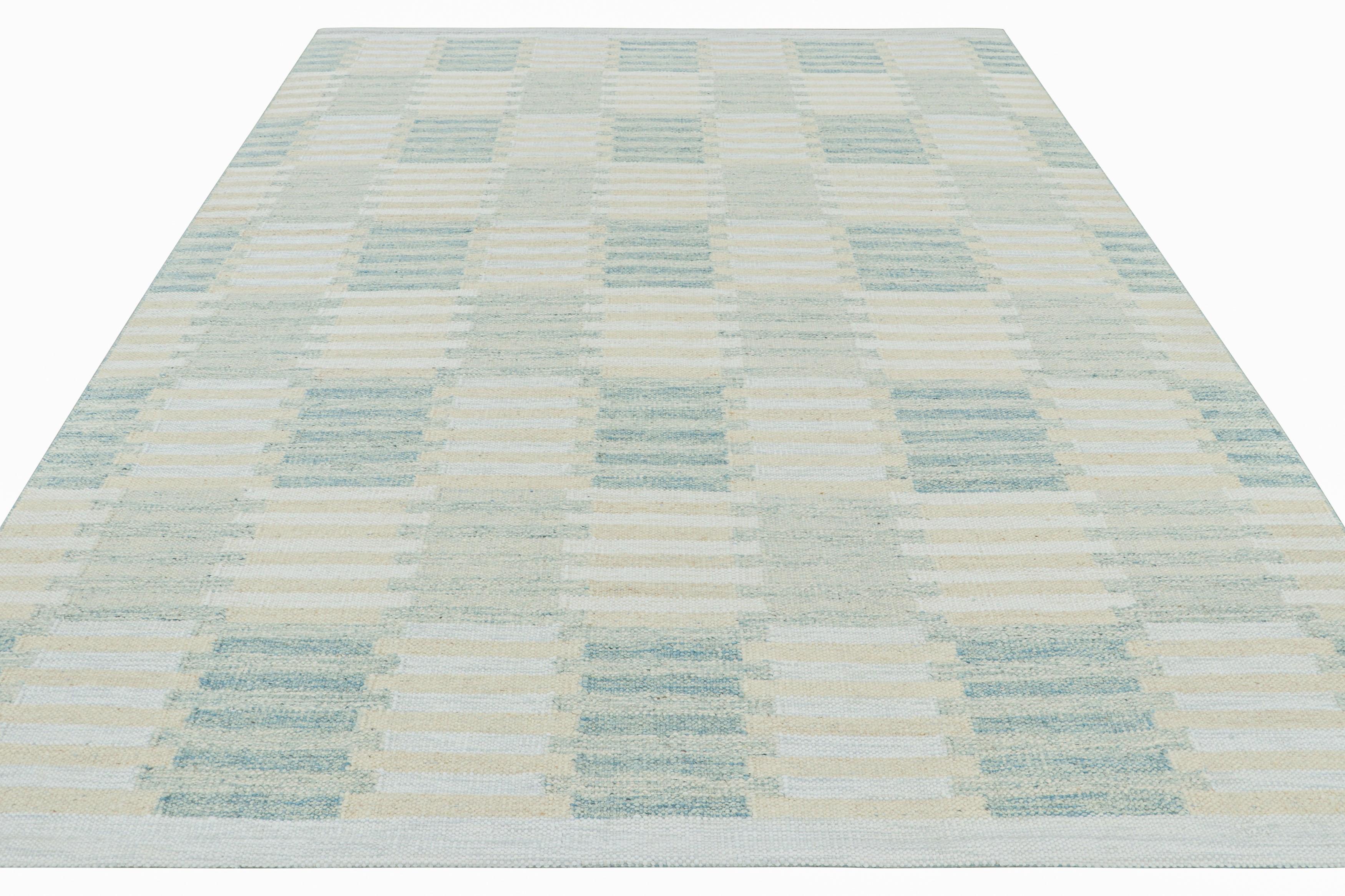 Hand-Woven Rug & Kilim’s Scandinavian Style Rug with Blue and Cream White Geometric Pattern For Sale