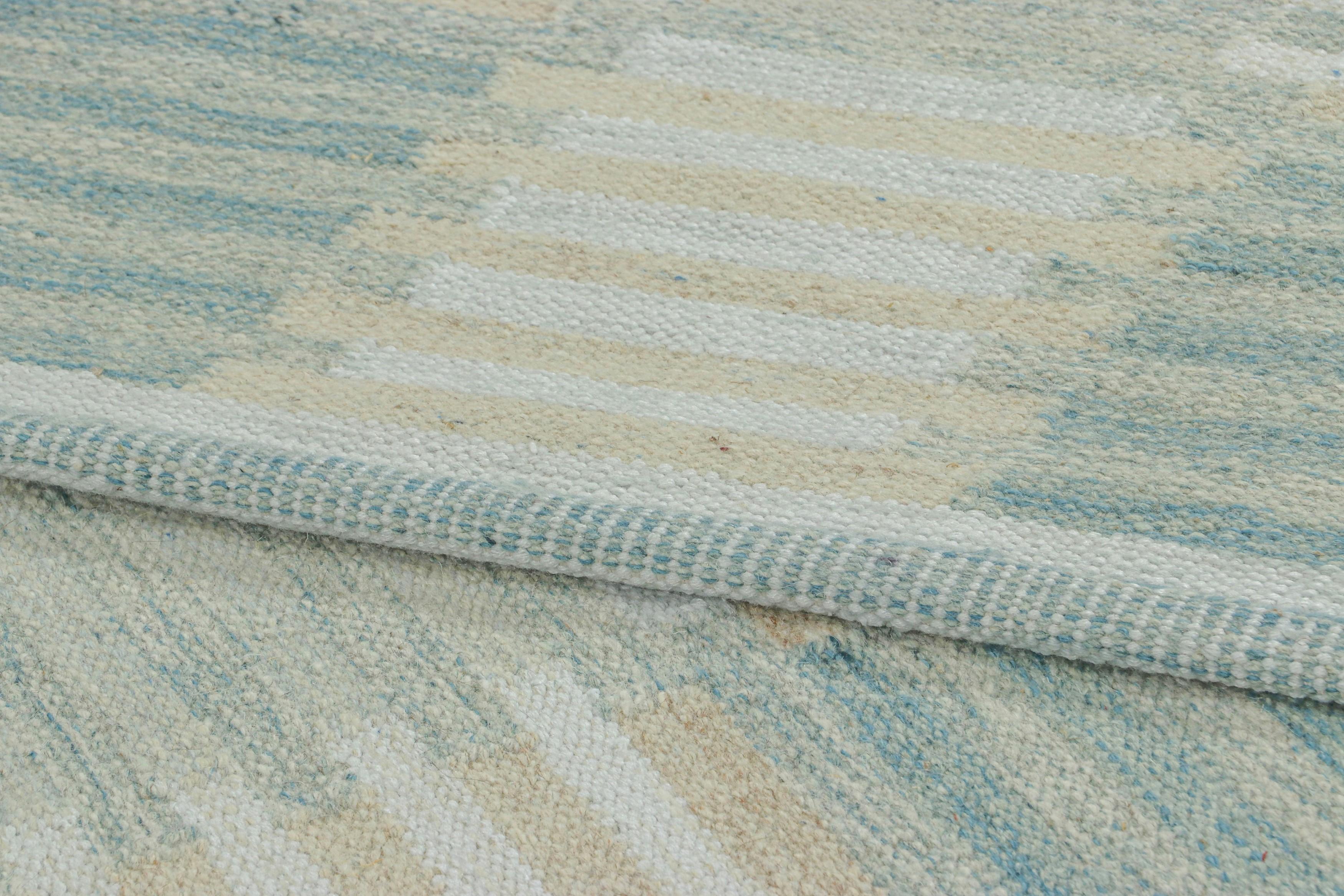 Contemporary Rug & Kilim’s Scandinavian Style Rug with Blue and Cream White Geometric Pattern For Sale