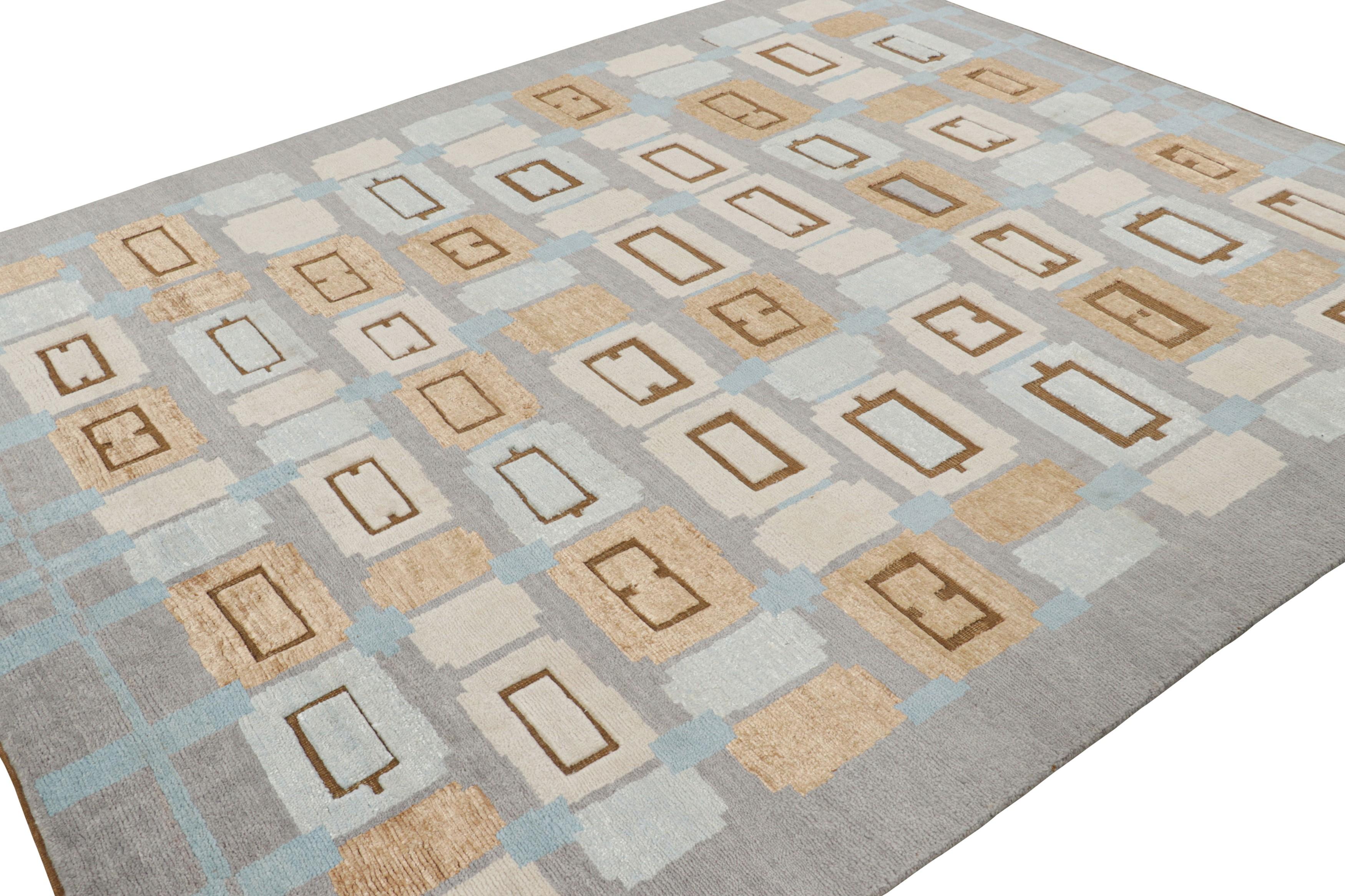 Annodato a mano Tappeto in stile scandinavo Rug & Kilim con motivi geometrici blu e grigi in vendita