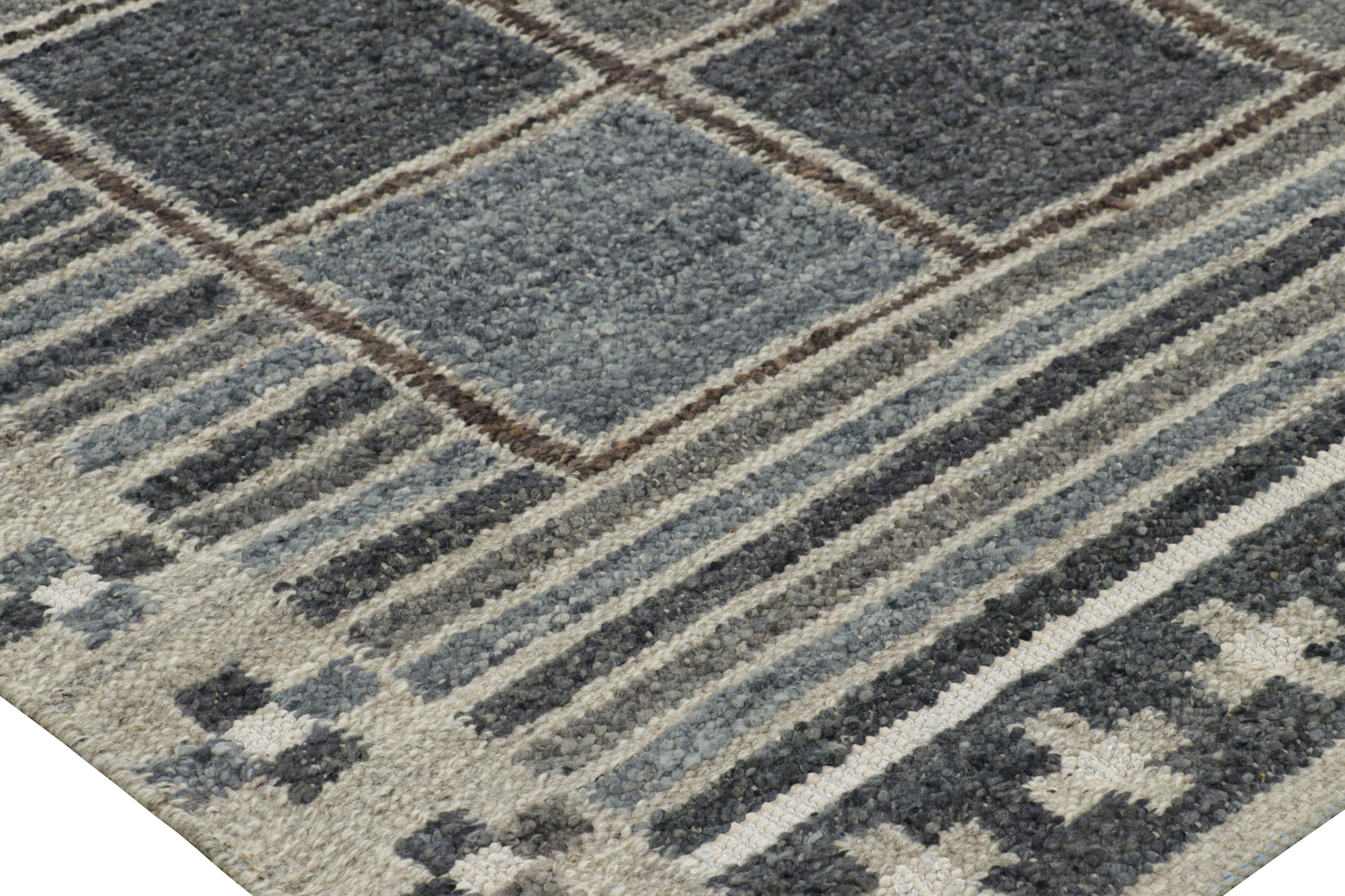 Modern Rug & Kilim’s Scandinavian Style Rug with Blue, Brown & Gray Geometric Patterns For Sale
