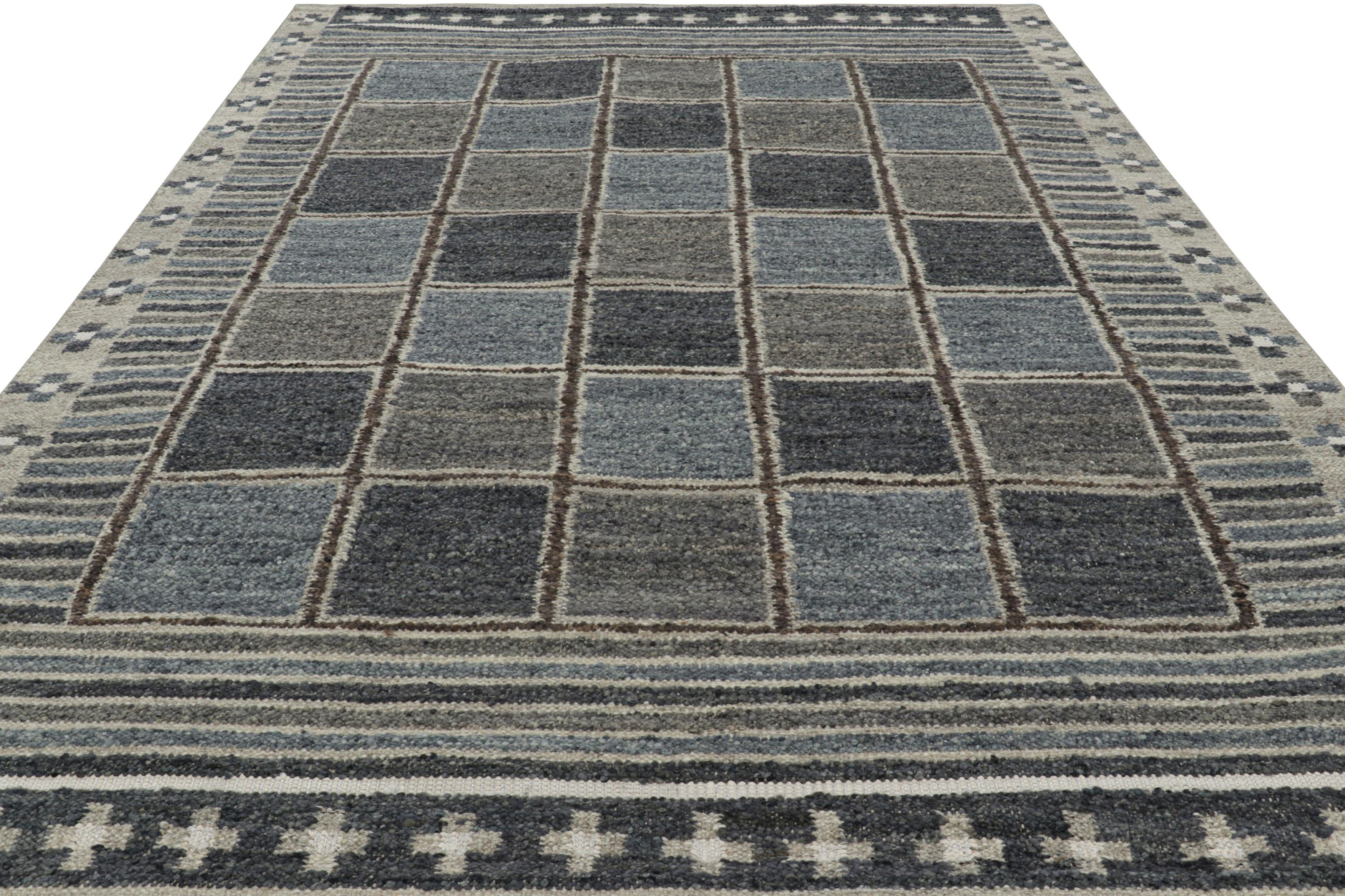 Indian Rug & Kilim’s Scandinavian Style Rug with Blue, Brown & Gray Geometric Patterns For Sale