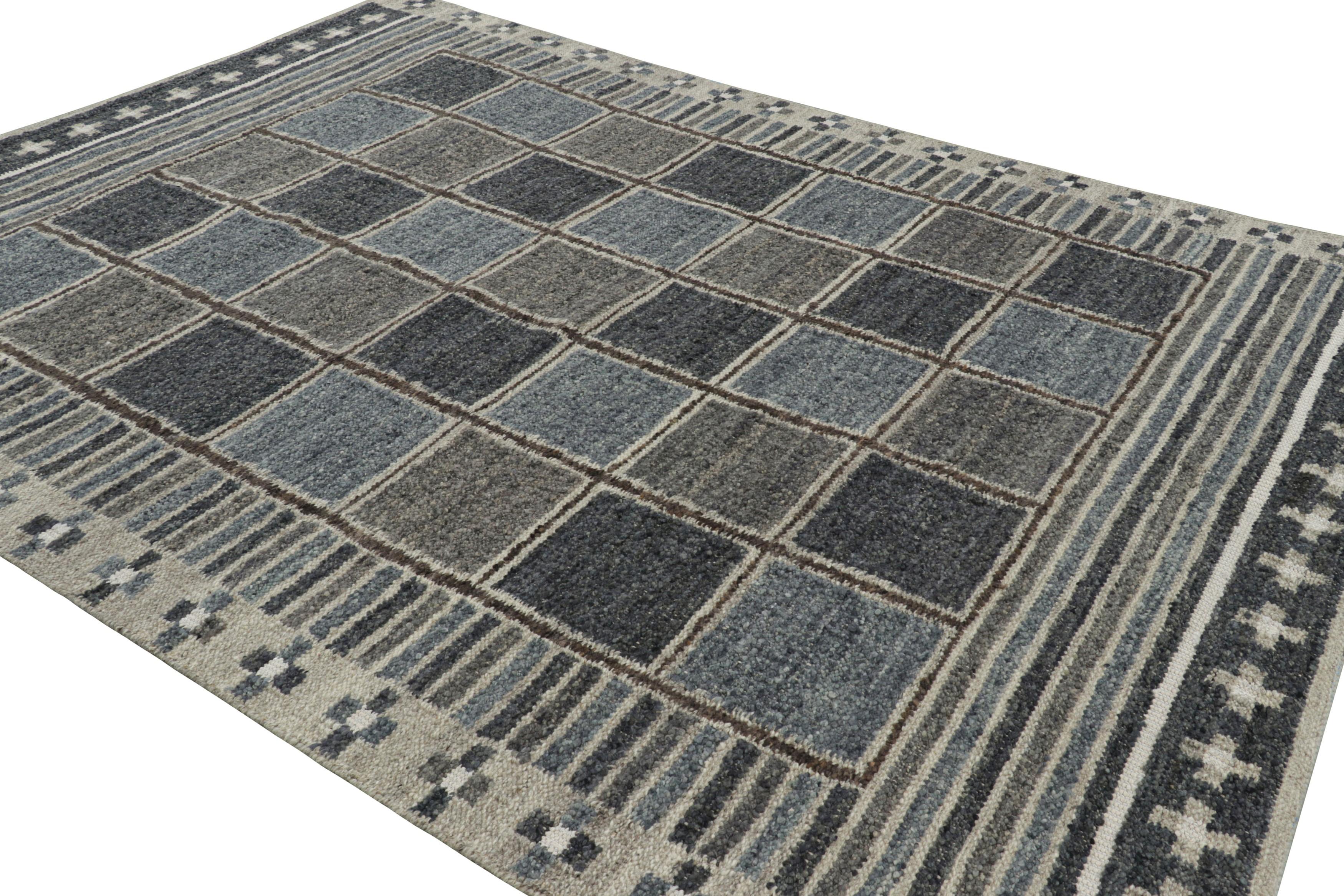 Hand-Woven Rug & Kilim’s Scandinavian Style Rug with Blue, Brown & Gray Geometric Patterns For Sale