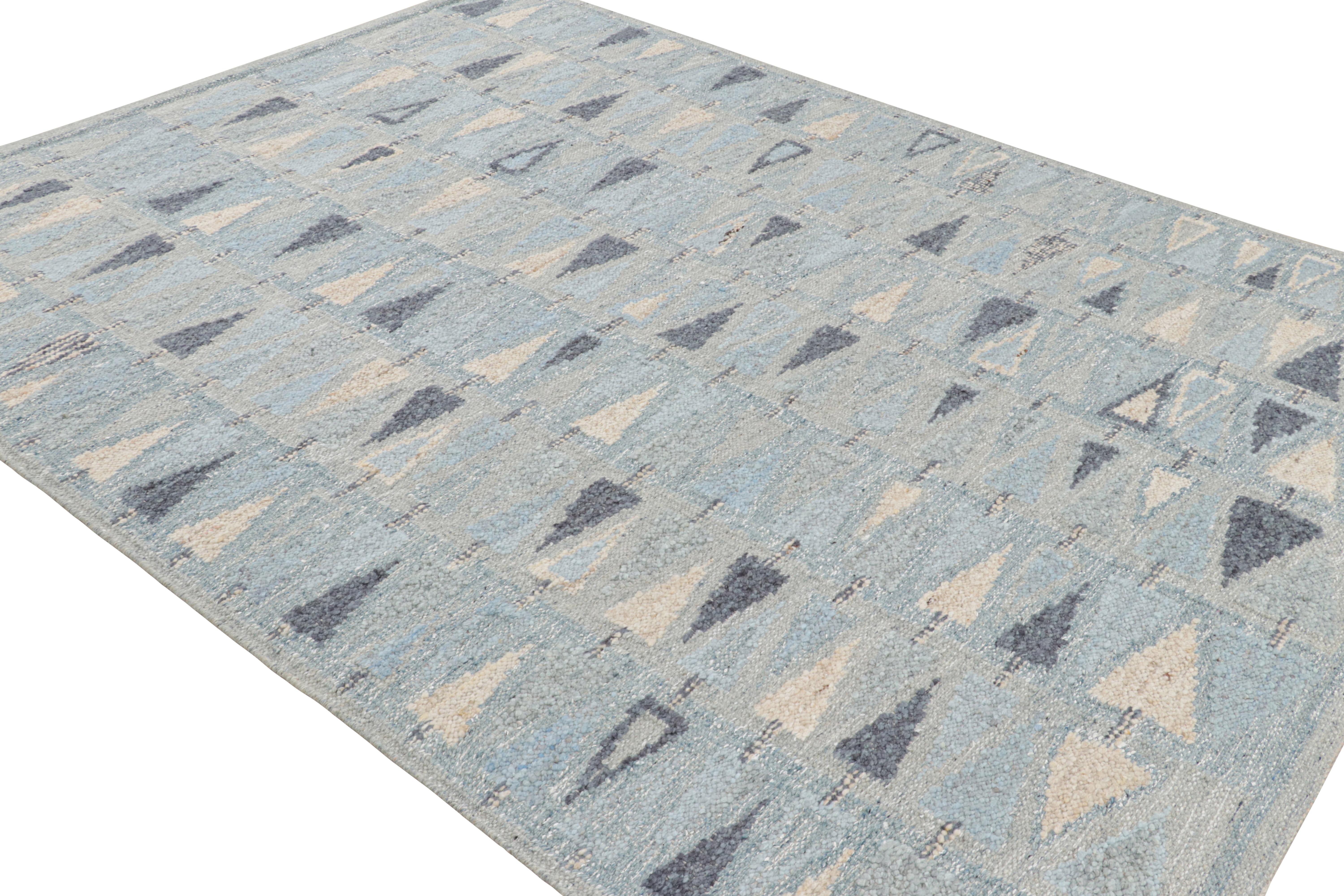Indian Rug & Kilim’s Scandinavian Style Rug with Blue, White and Gray Geometric Pattern For Sale