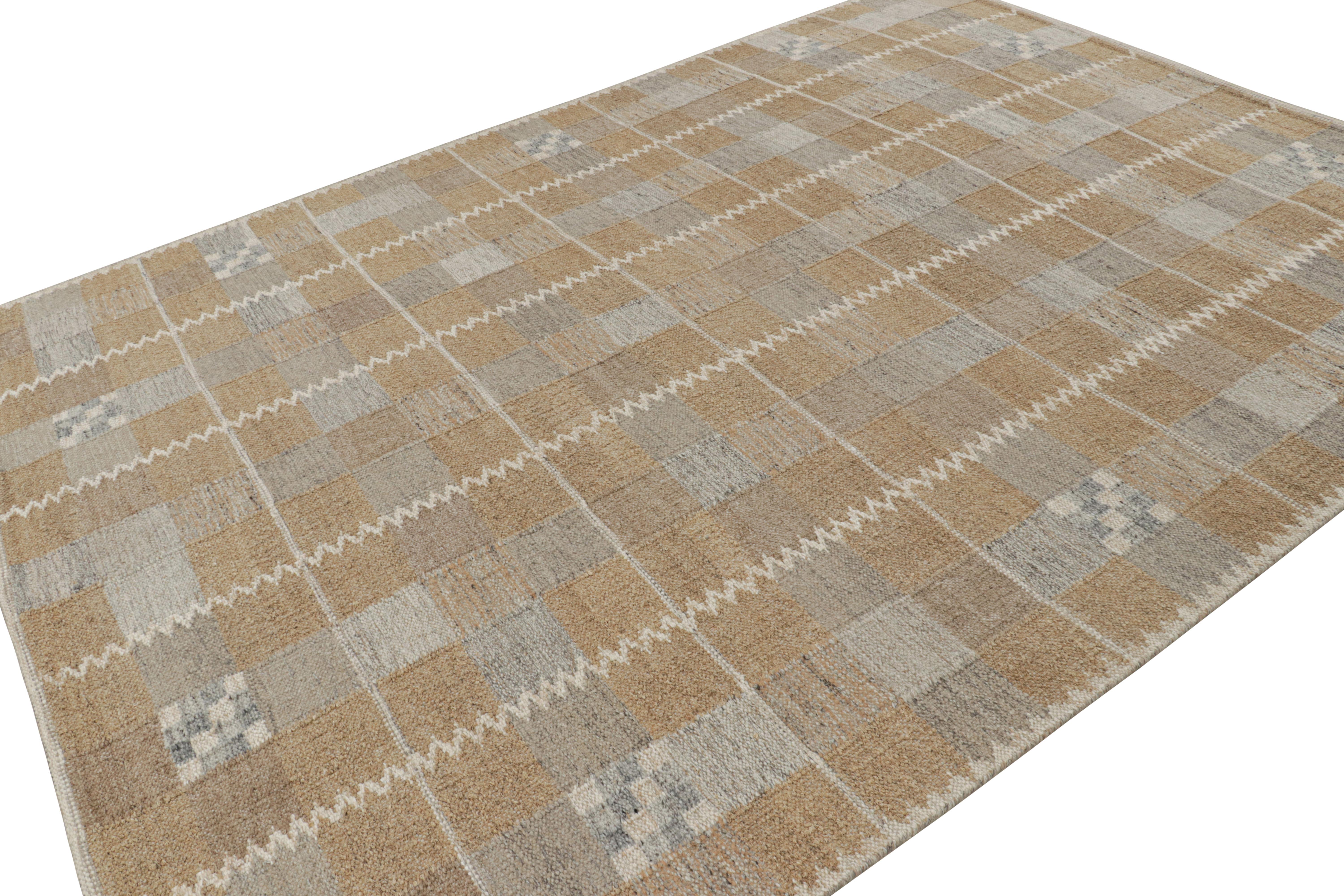 Indian Rug & Kilim’s Scandinavian Style Rug with Brown and Gray Geometric Pattern For Sale