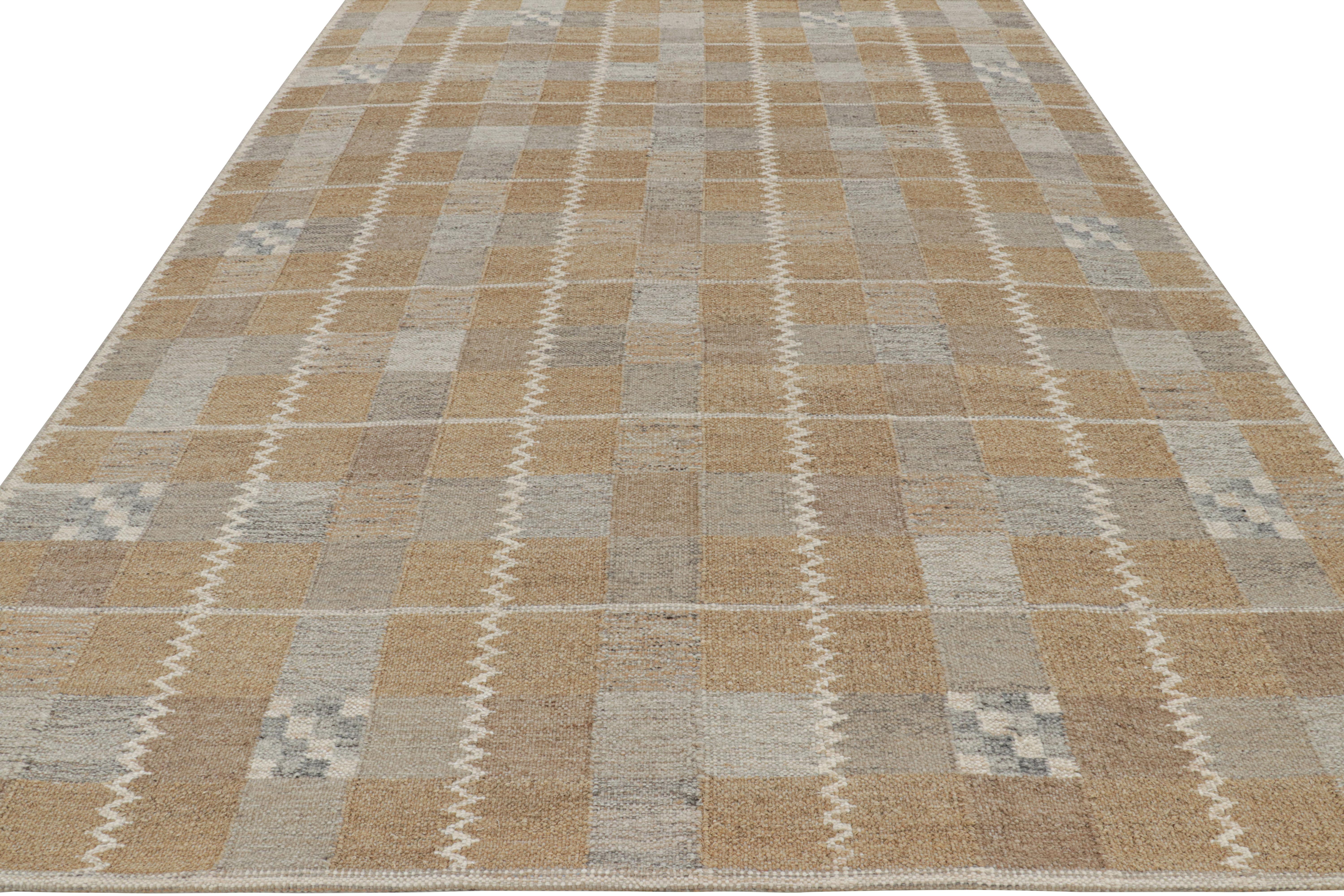 Hand-Woven Rug & Kilim’s Scandinavian Style Rug with Brown and Gray Geometric Pattern For Sale