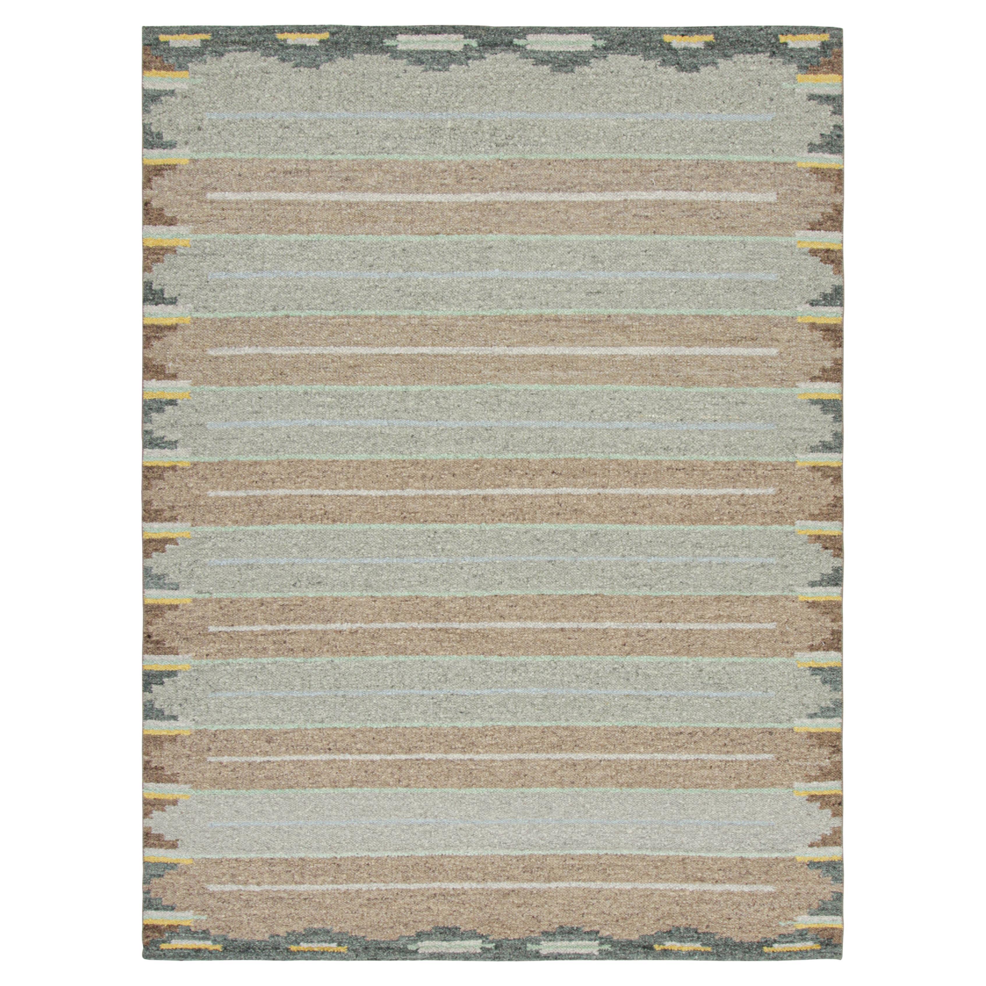 Rug & Kilim’s Scandinavian Style Rug with Brown and Green Geometric Patterns For Sale