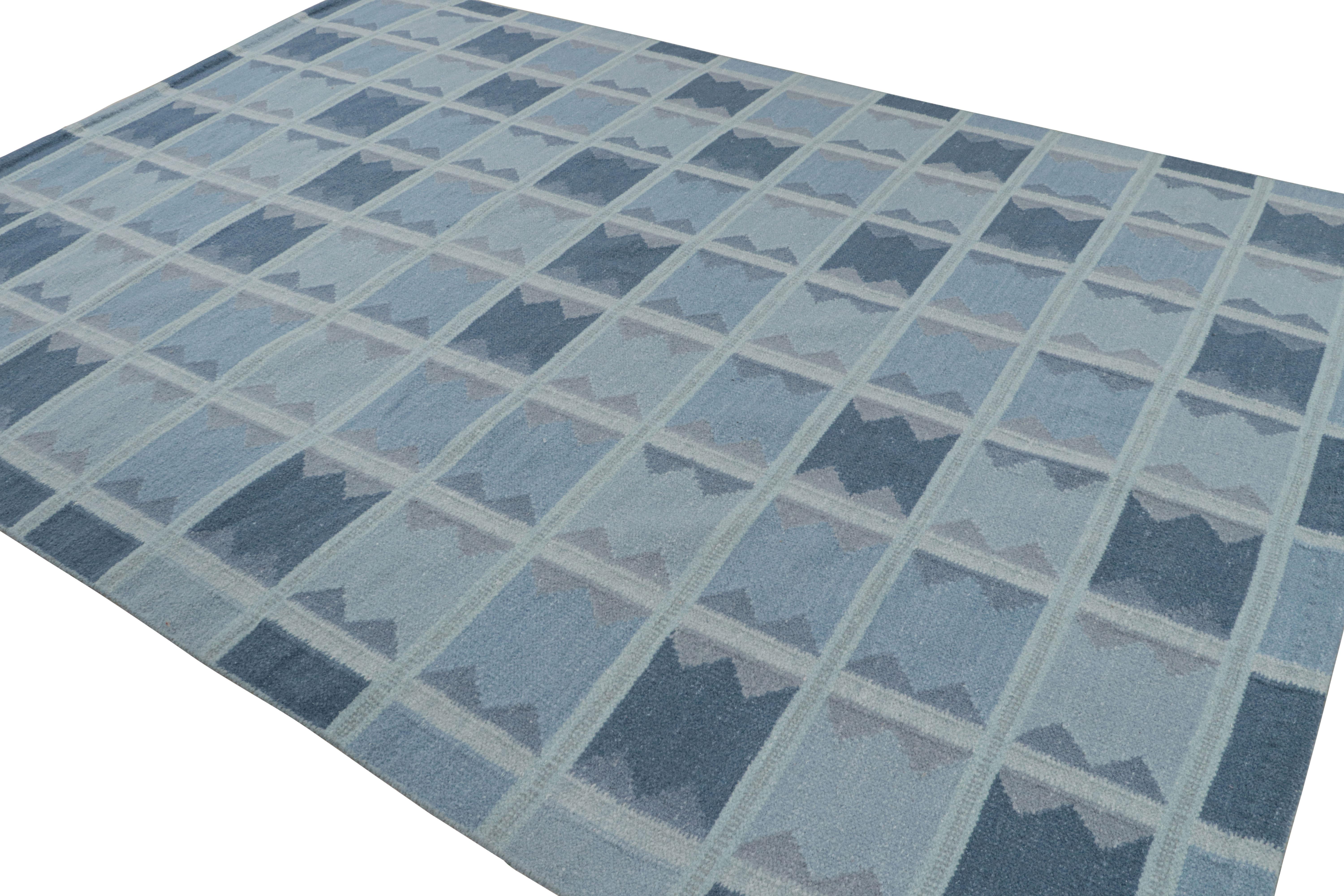 Un'audace novità della Collection'S di Rug & Kilim, questo tappeto 9×12 è tessuto a mano con una nuova struttura a trama piatta che utilizza una miscela di lana e filati esotici. Il suo design riflette una rivisitazione contemporanea dello stile