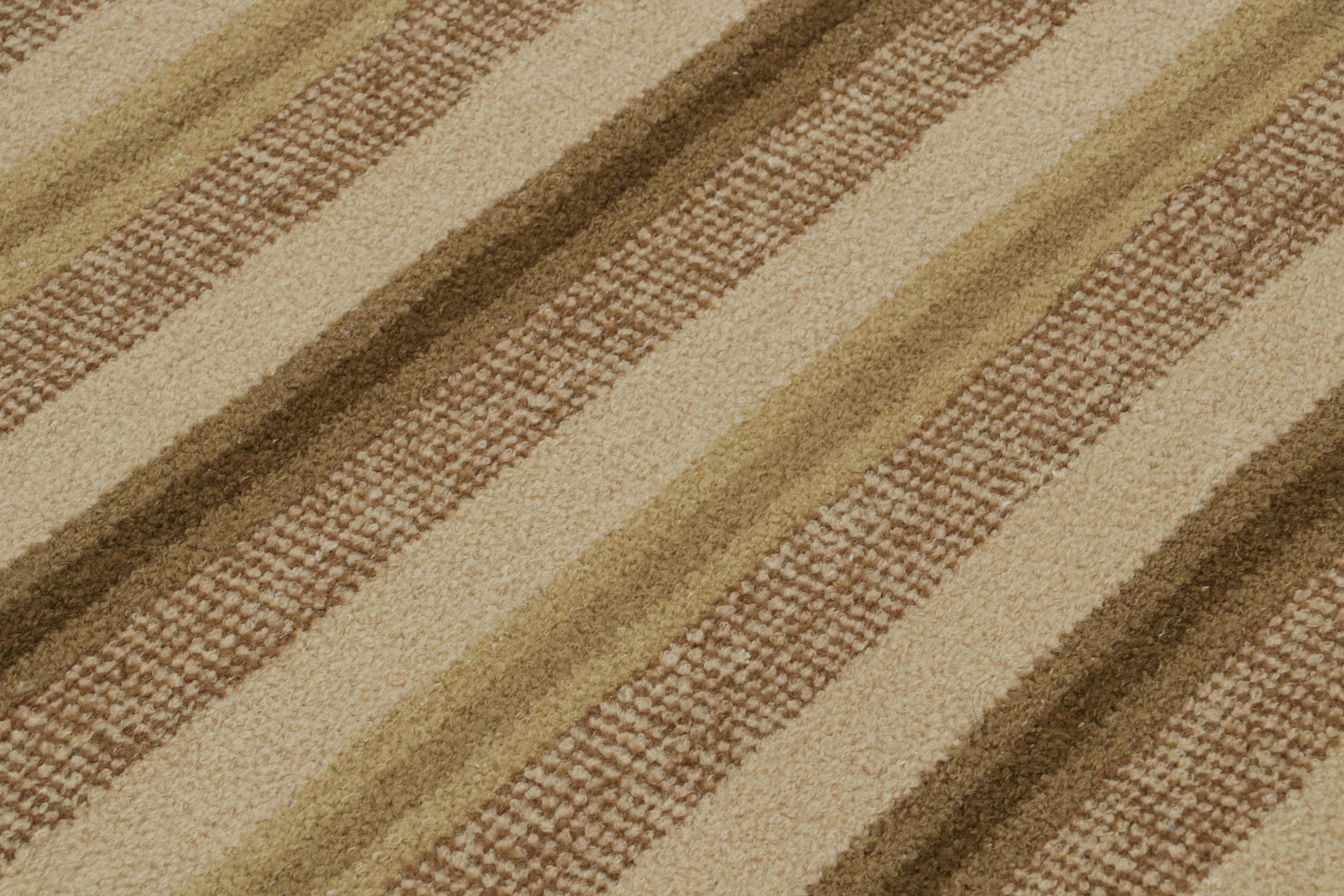 Indian Rug & Kilim’s Scandinavian Style Rug with Chartreuse and Beige-Brown Stripes For Sale