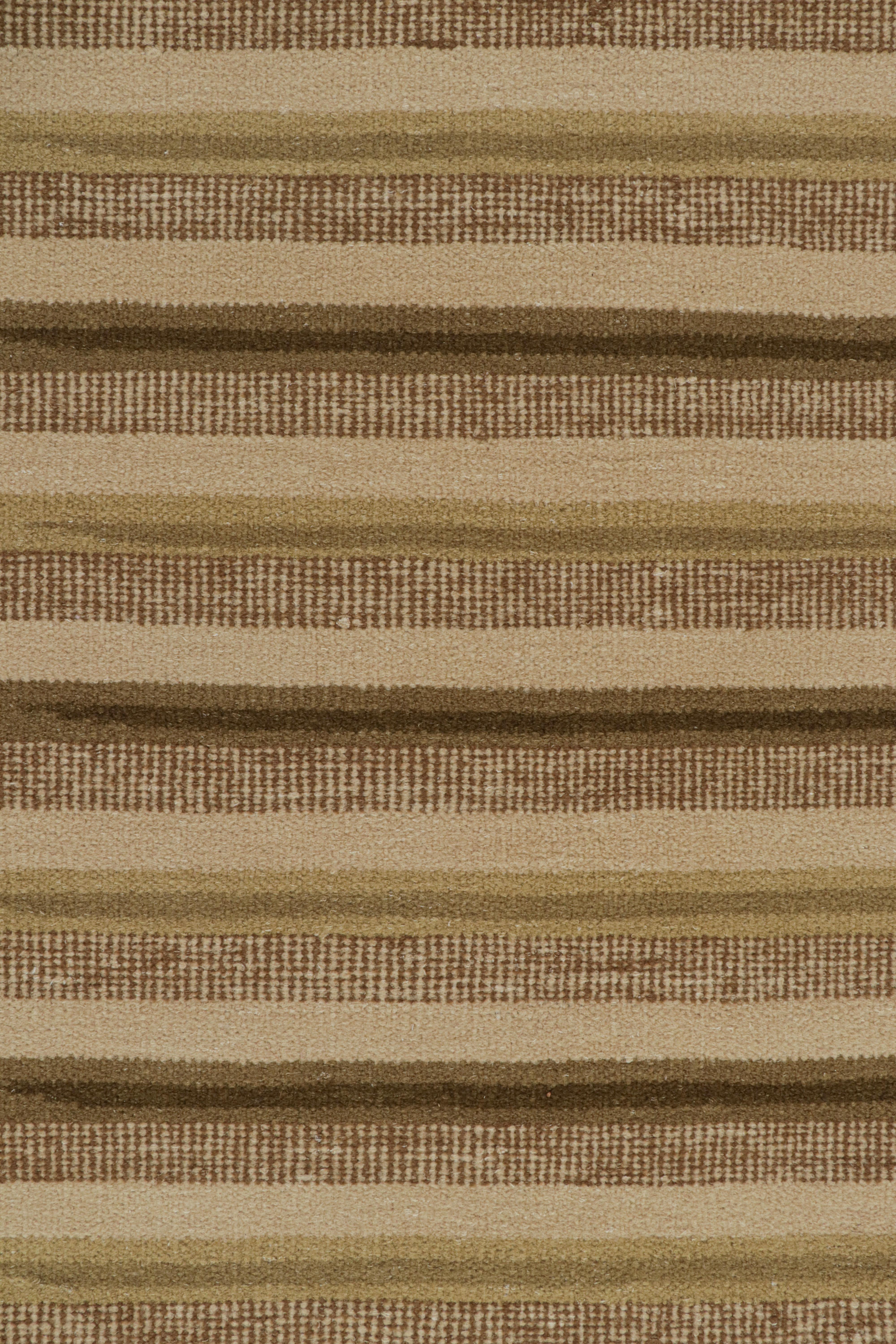 Hand-Woven Rug & Kilim’s Scandinavian Style Rug with Chartreuse and Beige-Brown Stripes For Sale