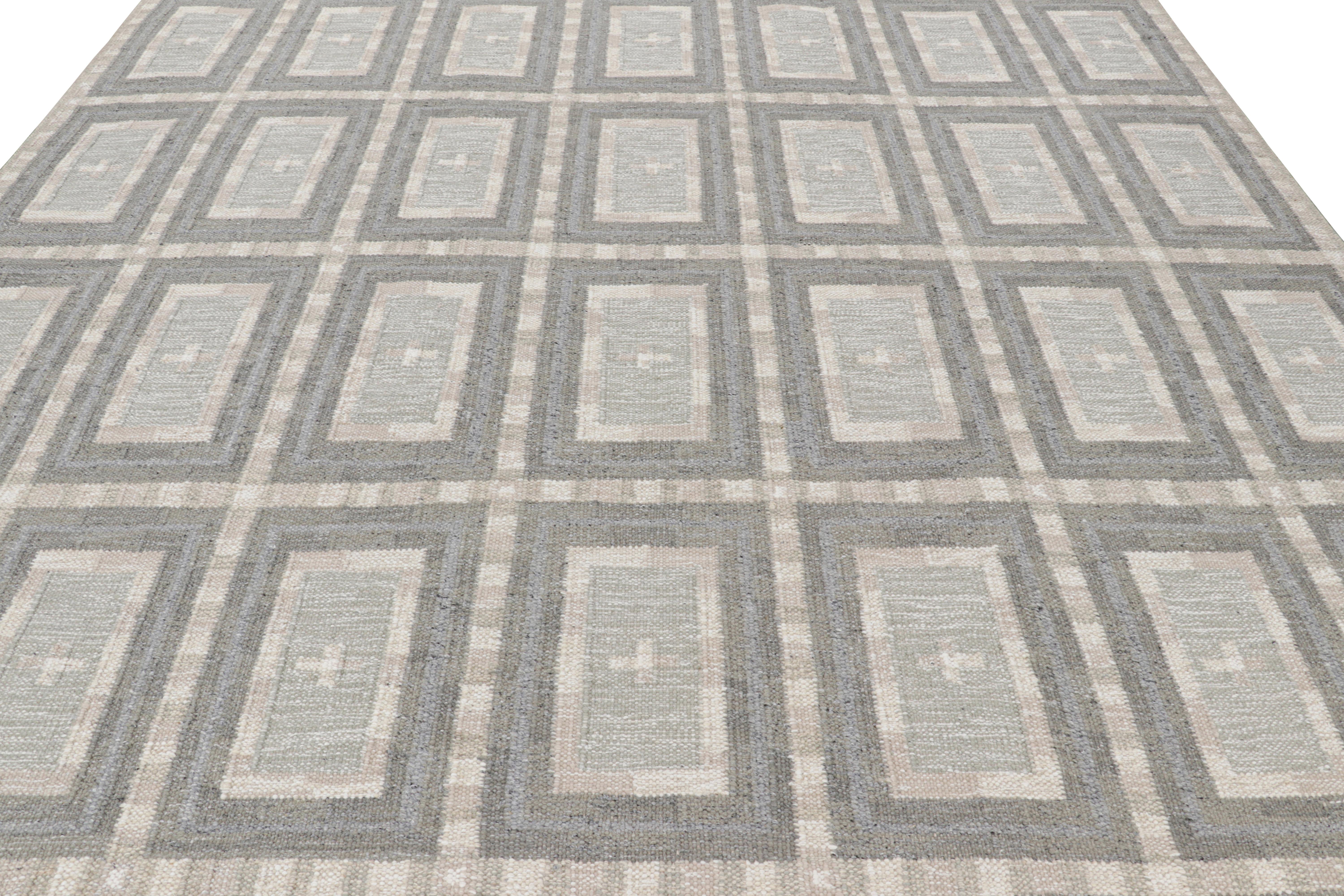 Questo kilim scandinavo 10x14, tessuto a mano in lana, dalla nostra celebre trama piatta della premiata collezione, gode della finezza dell'estetica svedese con un motivo geometrico. 

Sul design: 

Gli ammiratori dell'artigianato potranno ammirare