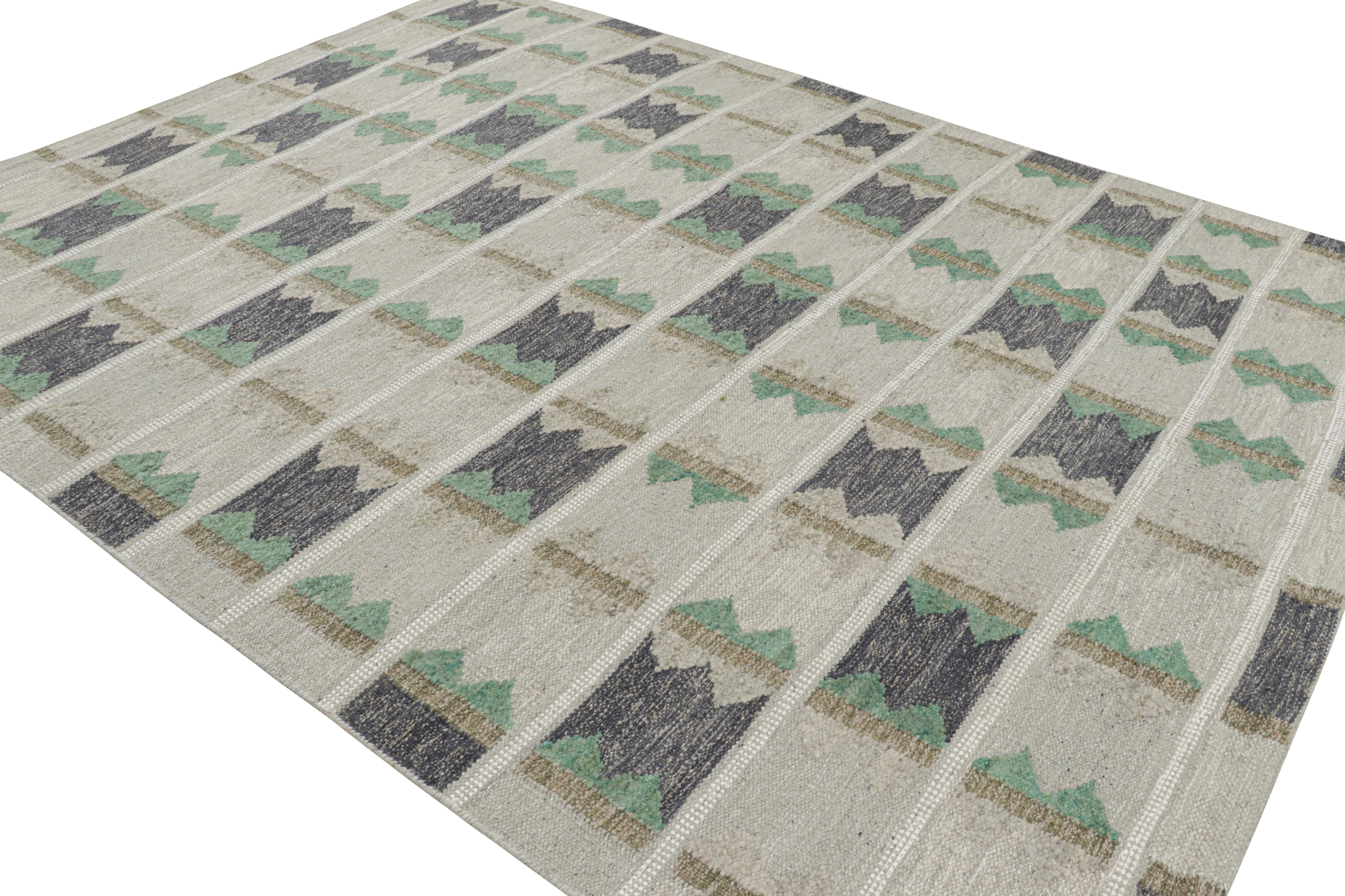 Indian Rug & Kilim’s Scandinavian Style Rug with Geometric Patterns in Tones of Green For Sale