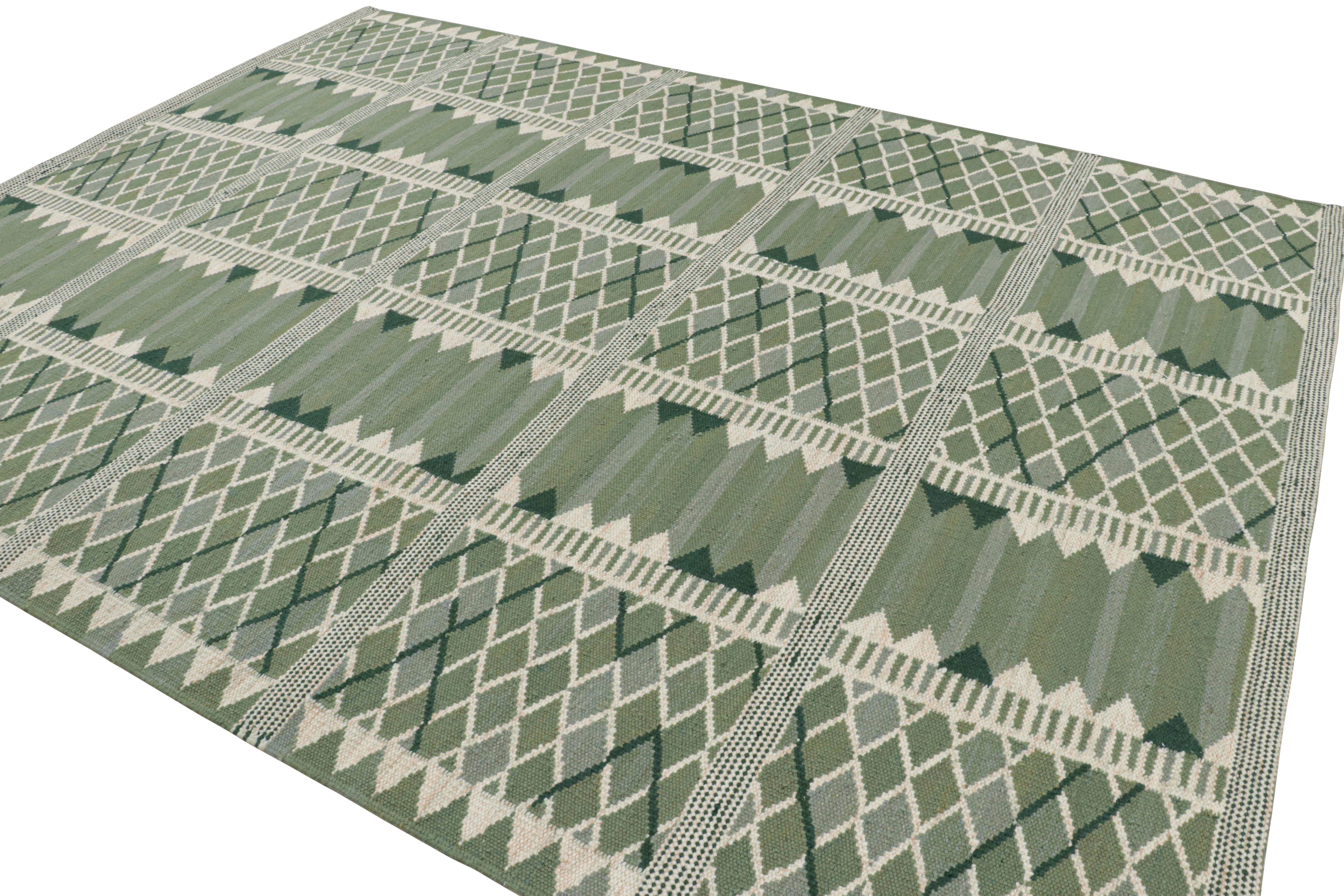 Indian Rug & Kilim’s Scandinavian Style Rug with Geometric Patterns in Tones of Green For Sale