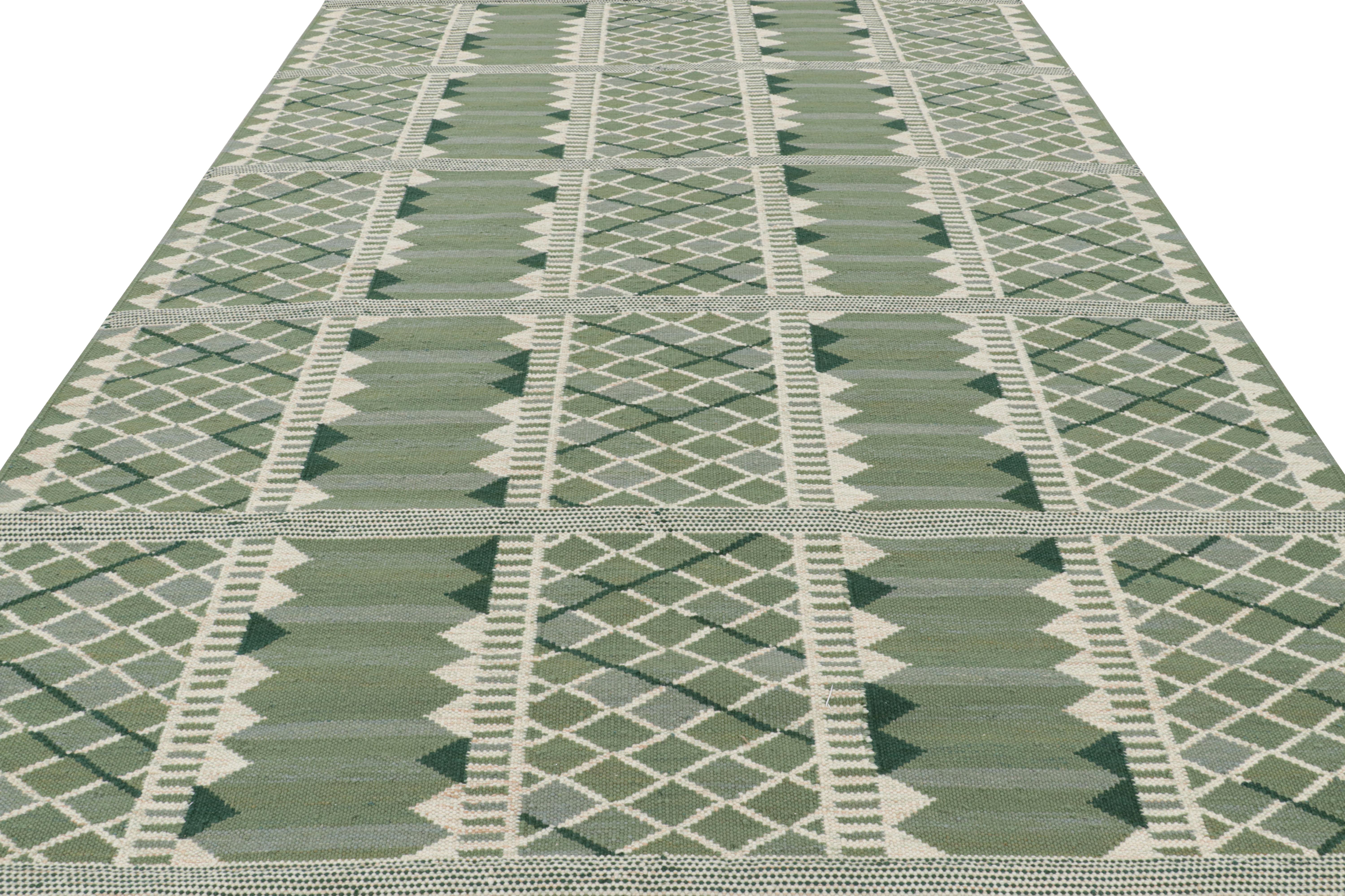 Hand-Woven Rug & Kilim’s Scandinavian Style Rug with Geometric Patterns in Tones of Green For Sale