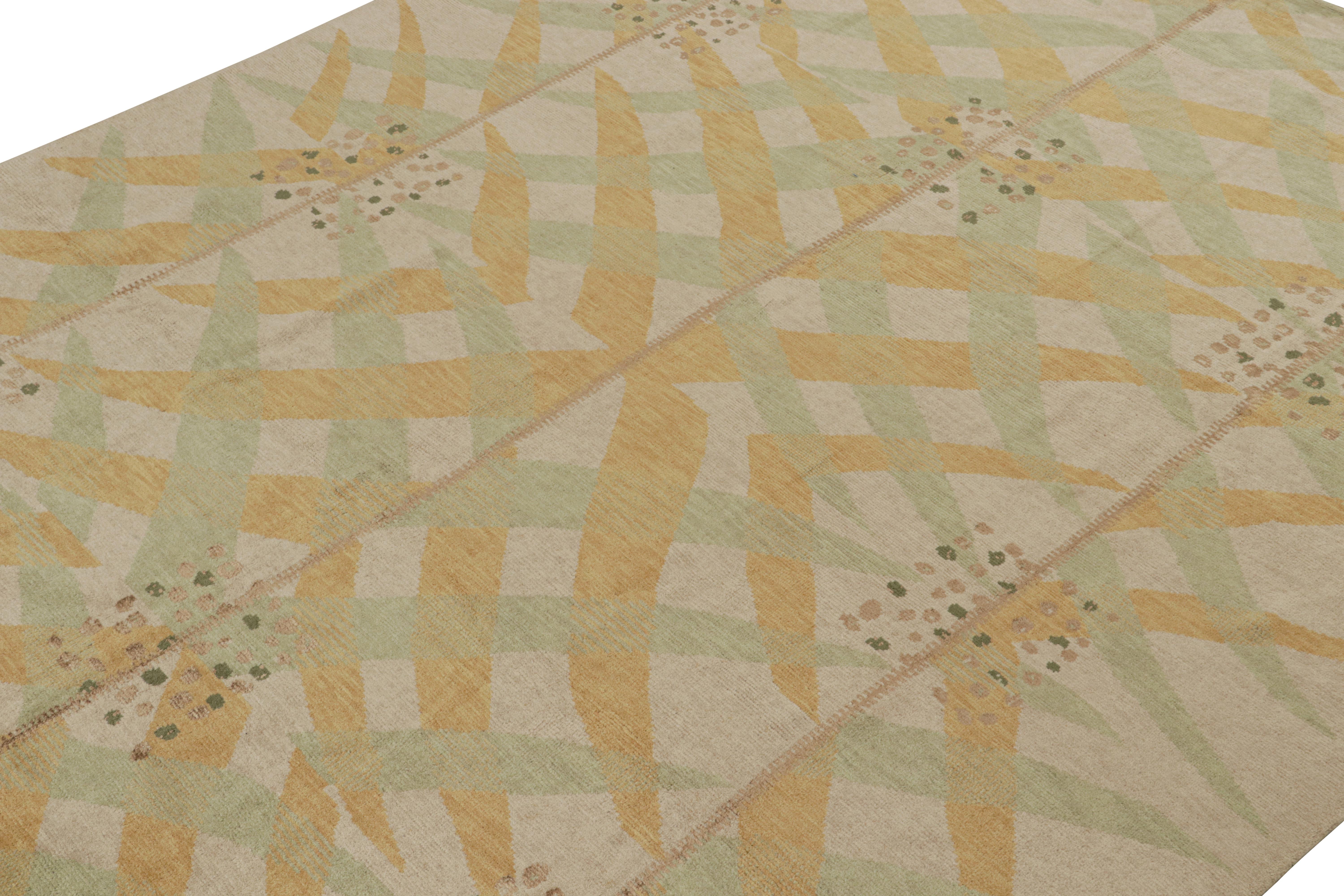 Indian Rug & Kilim’s Scandinavian Style Rug with Gold and Green Geometric Patterns For Sale