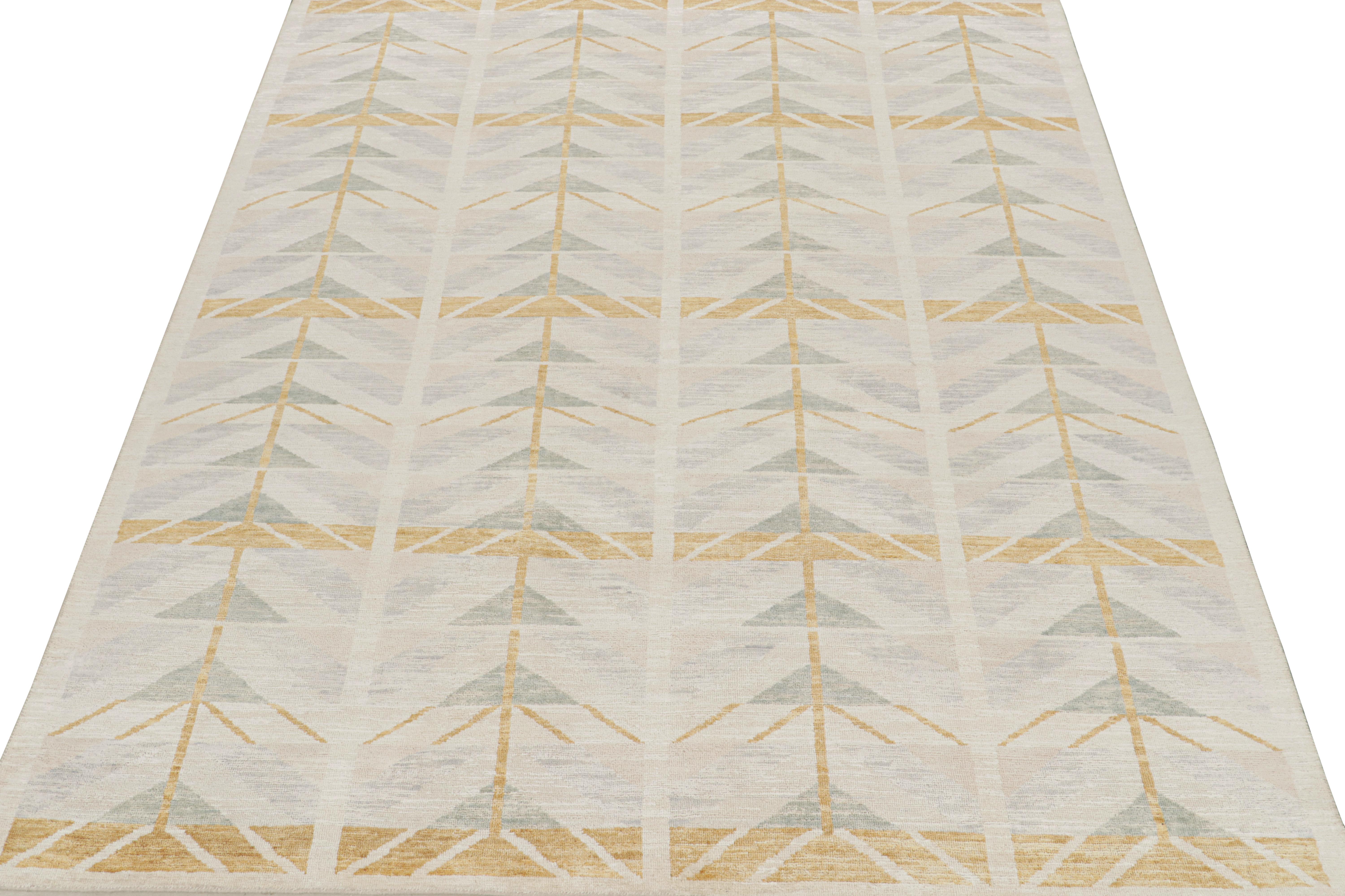Modern Rug & Kilim’s Scandinavian-Style Rug with Gold & Beige Geometric Patterns For Sale