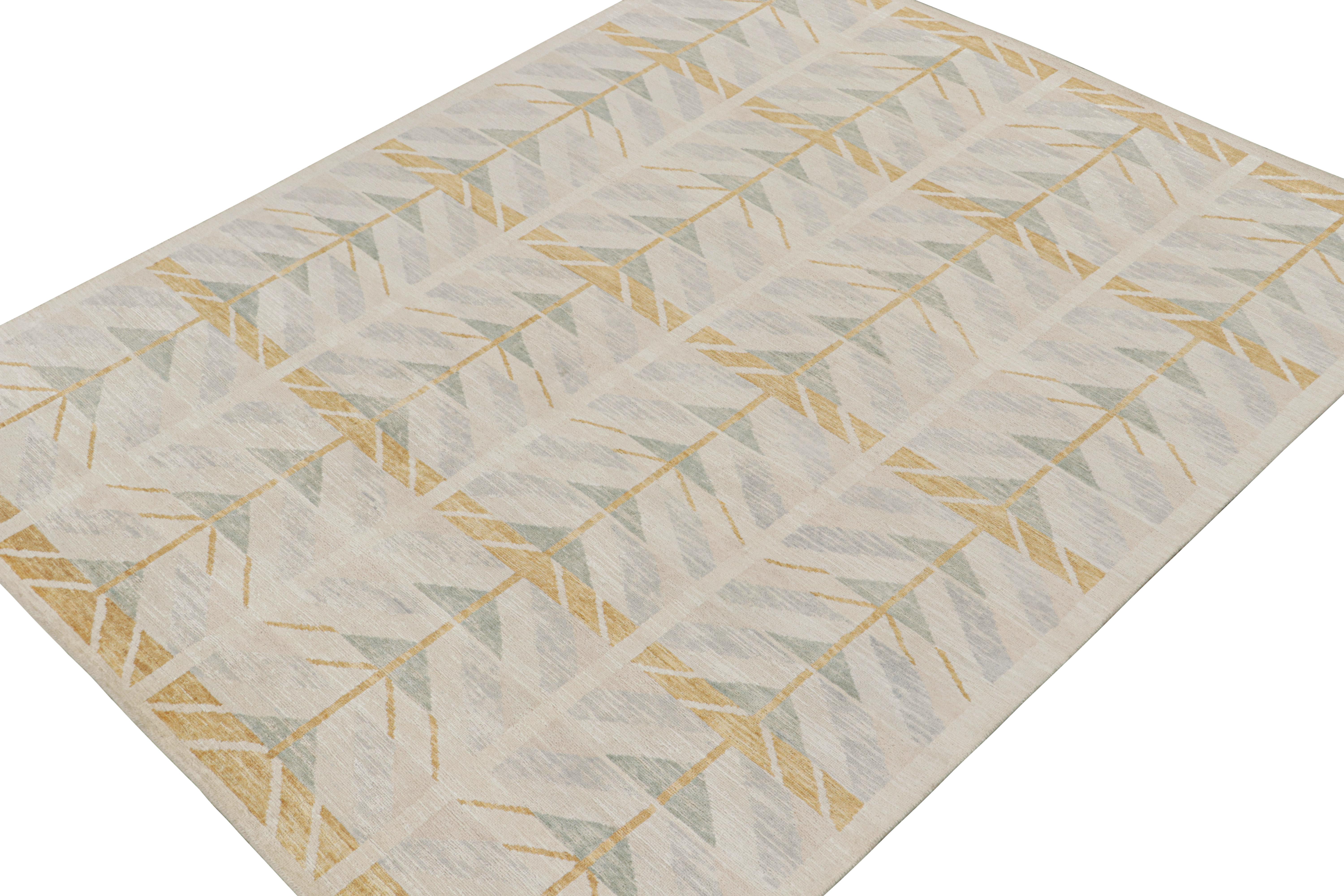 Indian Rug & Kilim’s Scandinavian-Style Rug with Gold & Beige Geometric Patterns For Sale