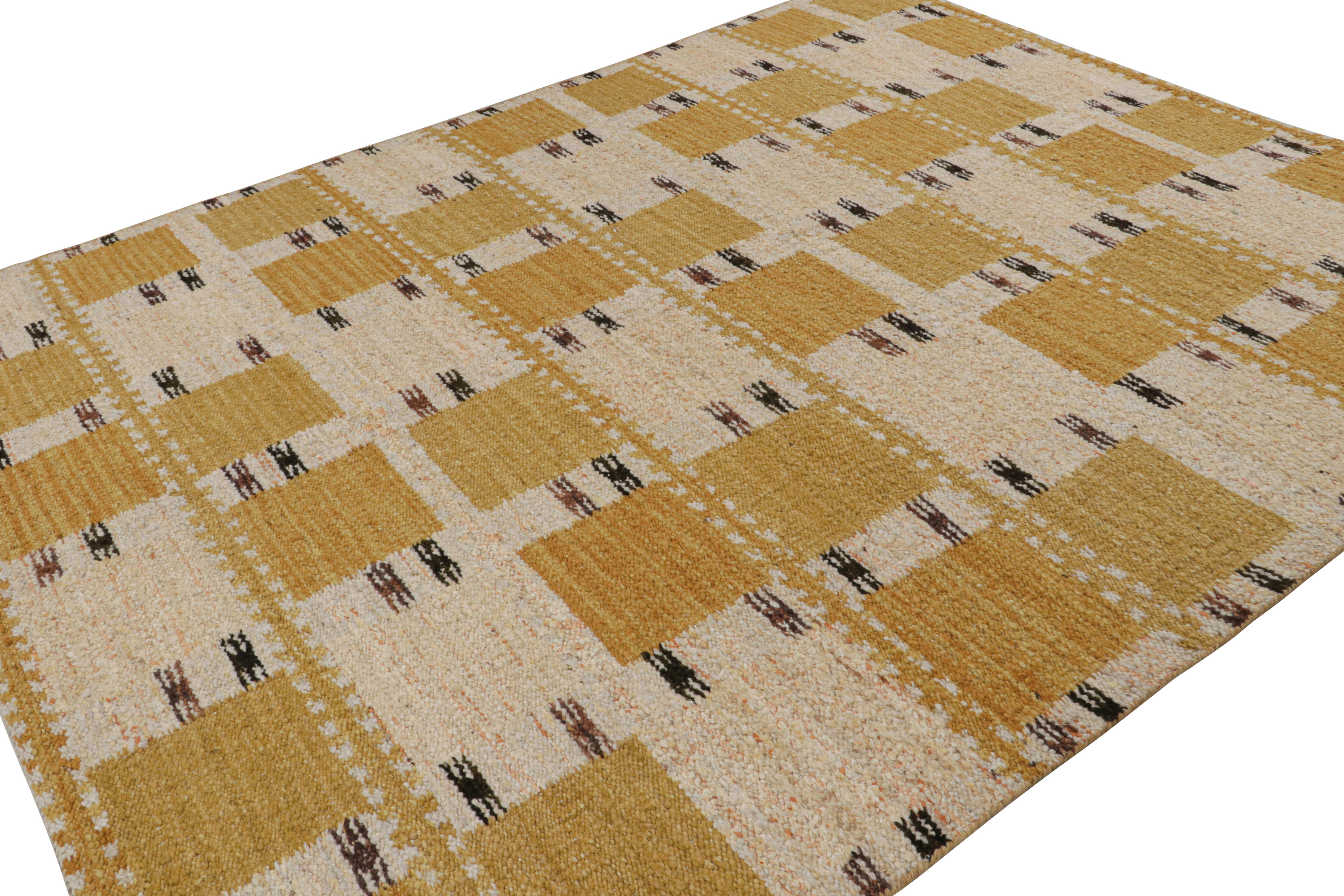 This 9x12 rug is a new Swedish style flatweaves from the Scandinavian Kilim Collection by Rug & Kilim. Handwoven in all-natural aloe, its design reflects a contemporary take on mid-century modern Swedish Deco style.  

On the Design: 

Gold tones