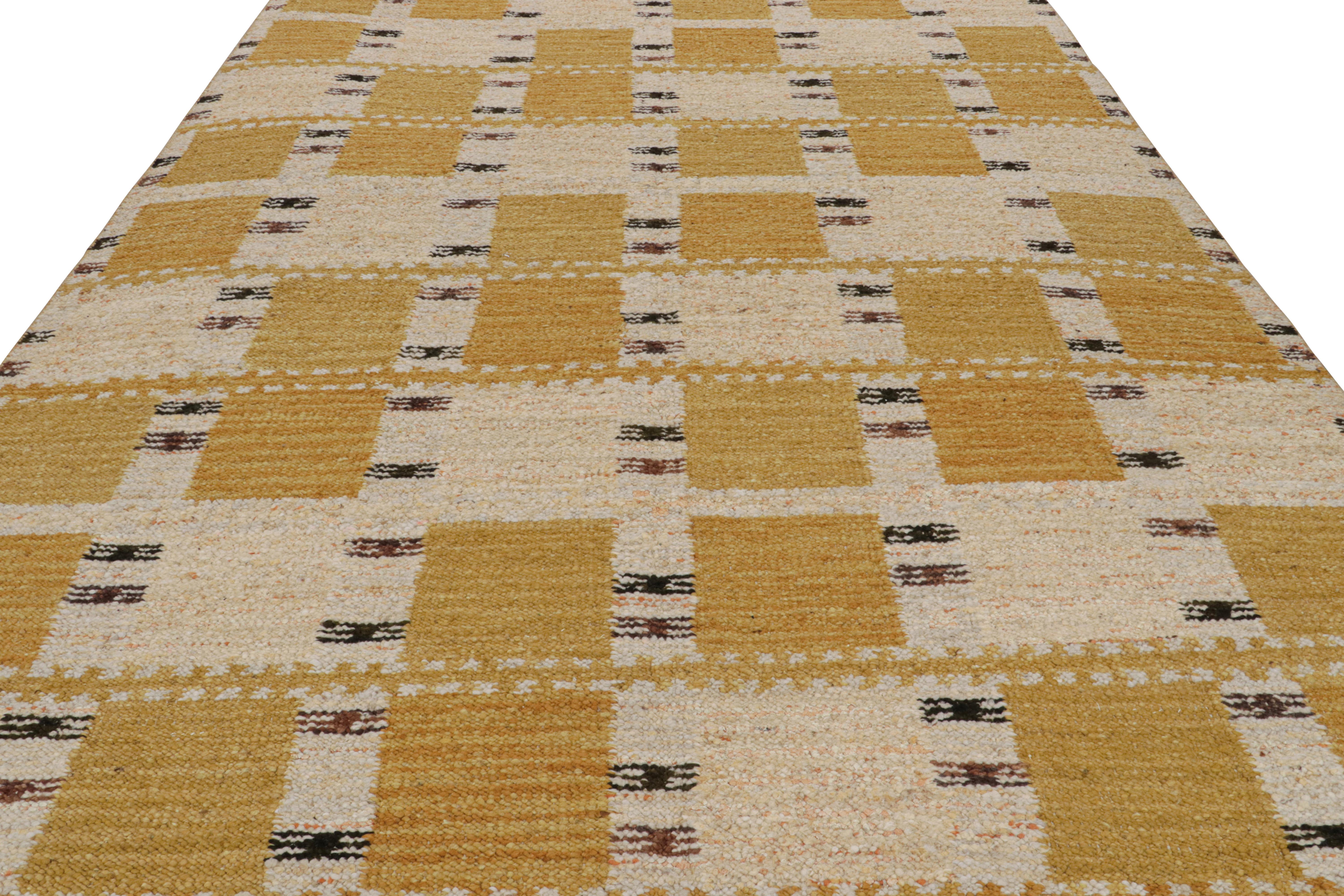 Modern Rug & Kilim’s Scandinavian Style Rug with Gold Geometric Patterns  For Sale