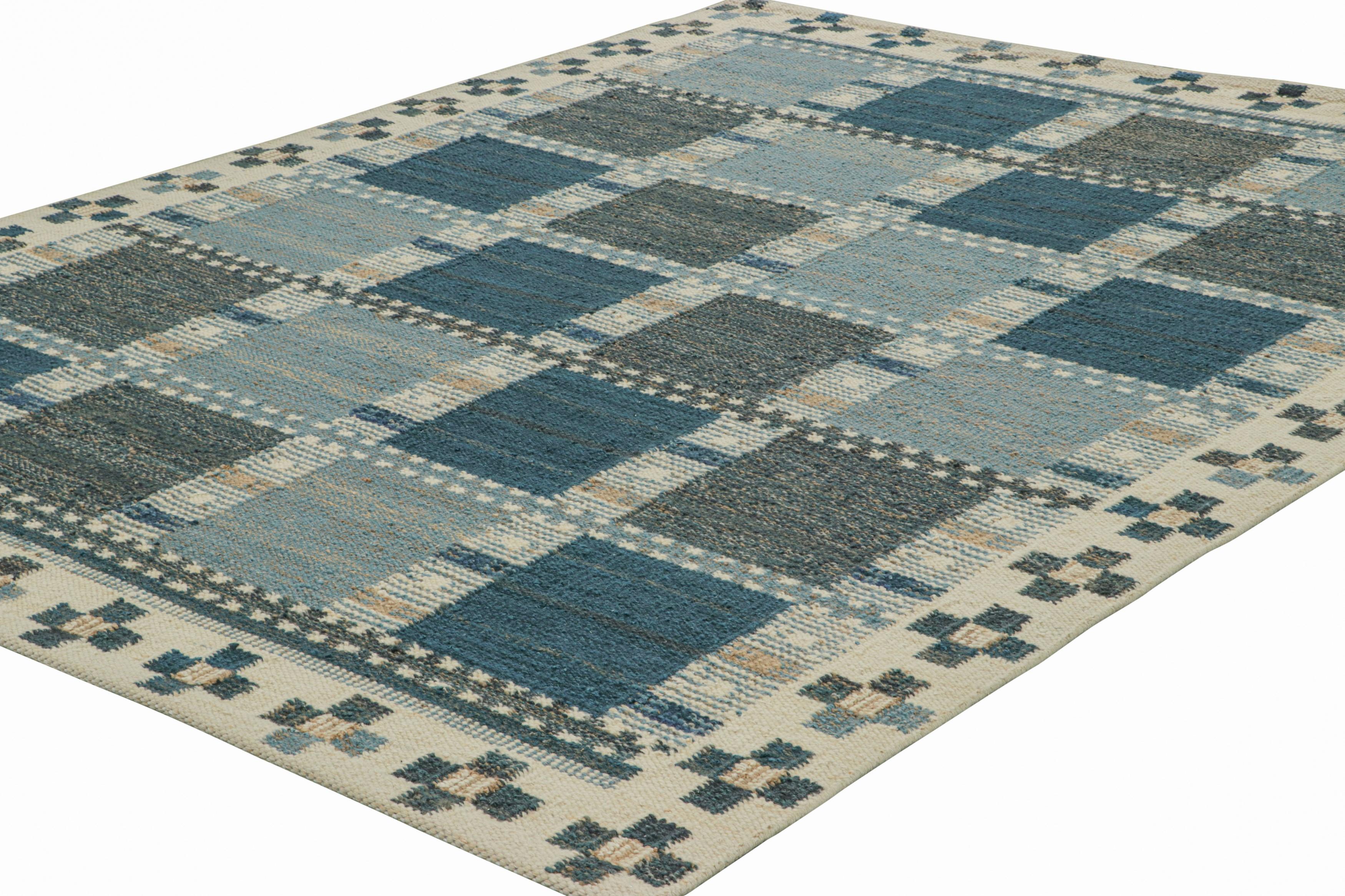 Indian Rug & Kilim’s Scandinavian Style Rug with Gray and Blue Geometric Patterns For Sale