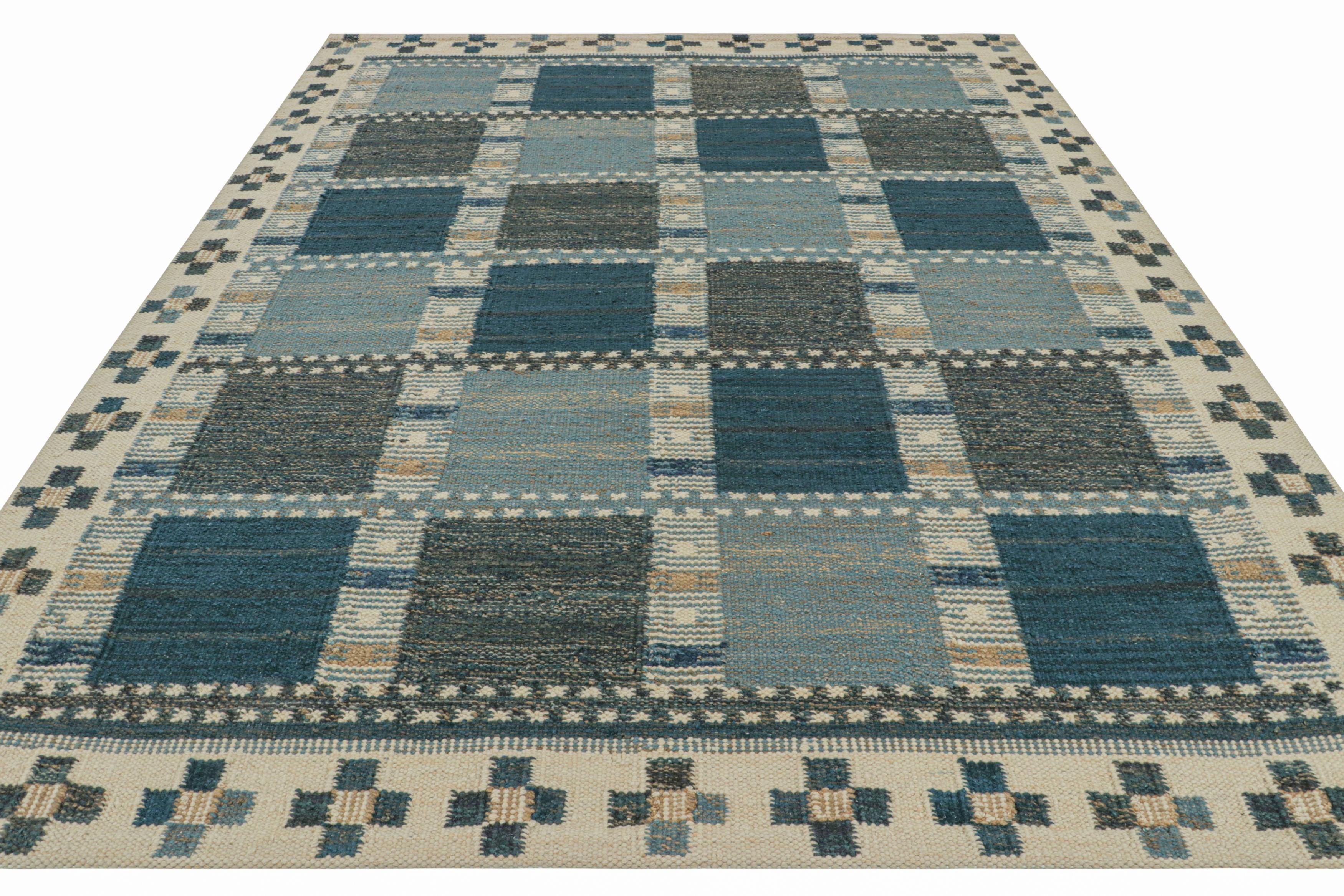 Hand-Woven Rug & Kilim’s Scandinavian Style Rug with Gray and Blue Geometric Patterns For Sale