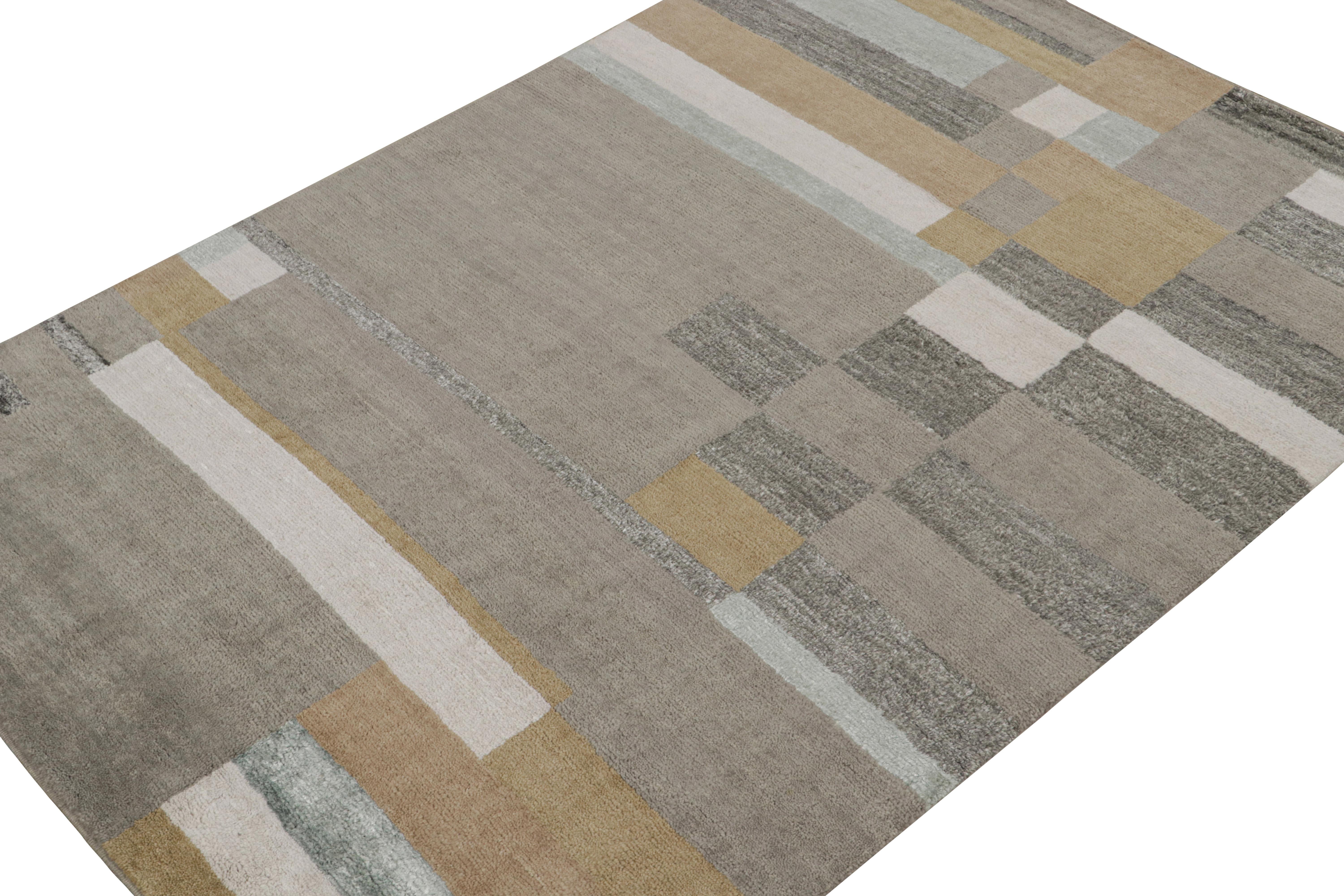 Dieser 6x9 große moderne Teppich aus Wolle und Seide ist handgeknüpft und repräsentiert die skandinavische Teppichkollektion von Rug & Kilim. Diese Kollektion ist eine Neuinterpretation der Rollkhans- und Rya-Teppiche im schwedischen Deco-Stil und