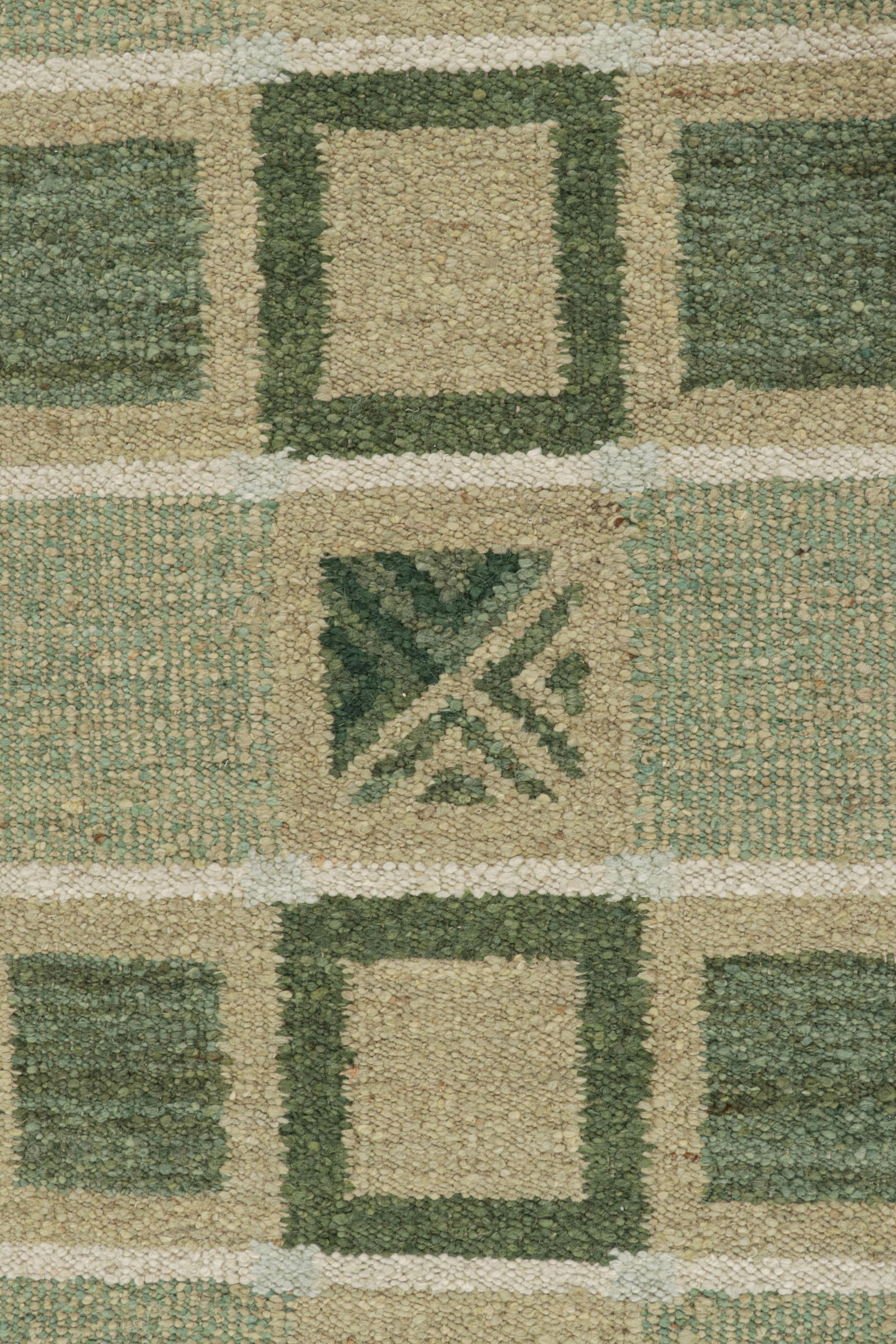 Modern Rug & Kilim’s Scandinavian Style Rug with Green, Beige-Brown Geometric Patterns For Sale