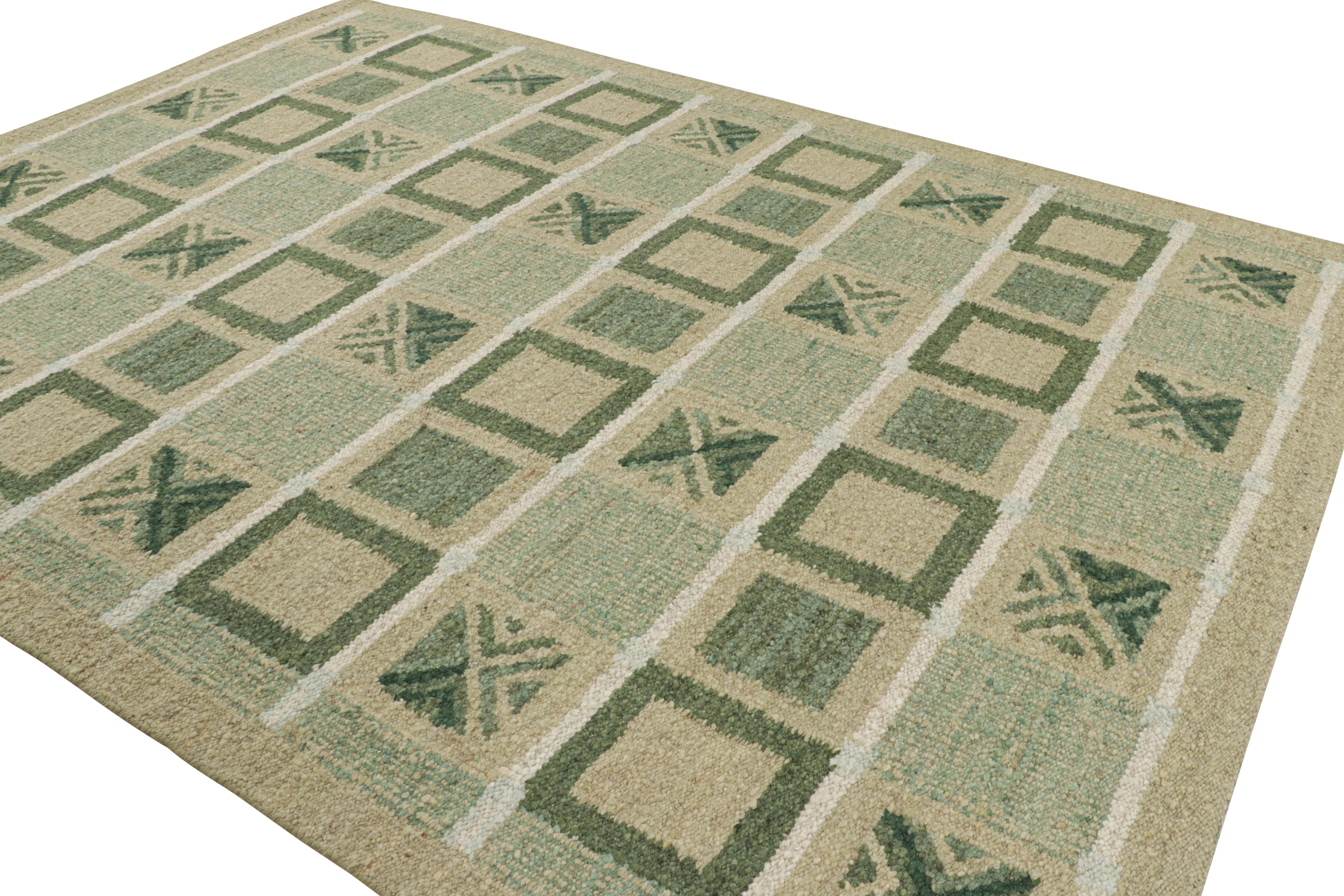 Indian Rug & Kilim’s Scandinavian Style Rug with Green, Beige-Brown Geometric Patterns For Sale