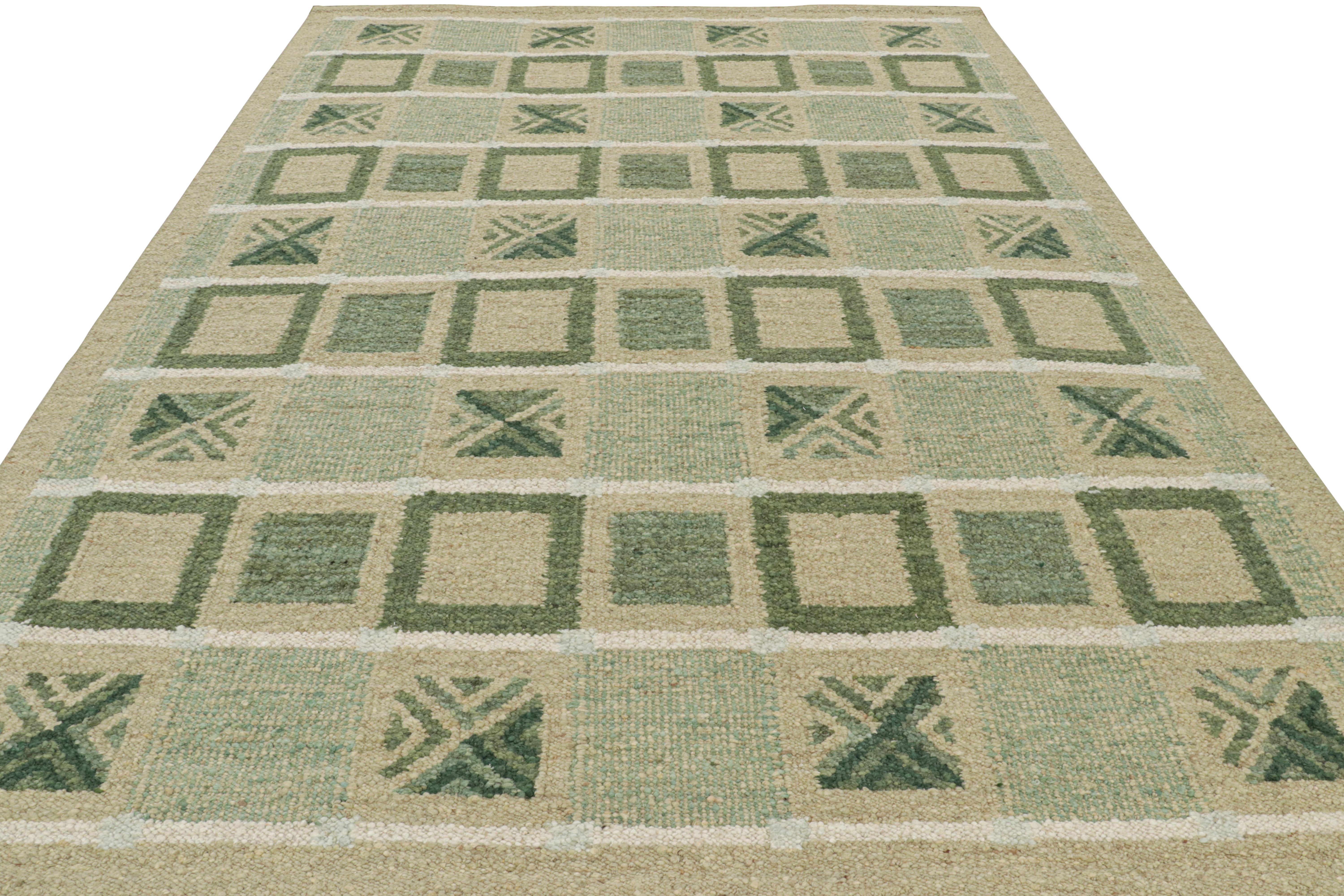 Hand-Woven Rug & Kilim’s Scandinavian Style Rug with Green, Beige-Brown Geometric Patterns For Sale
