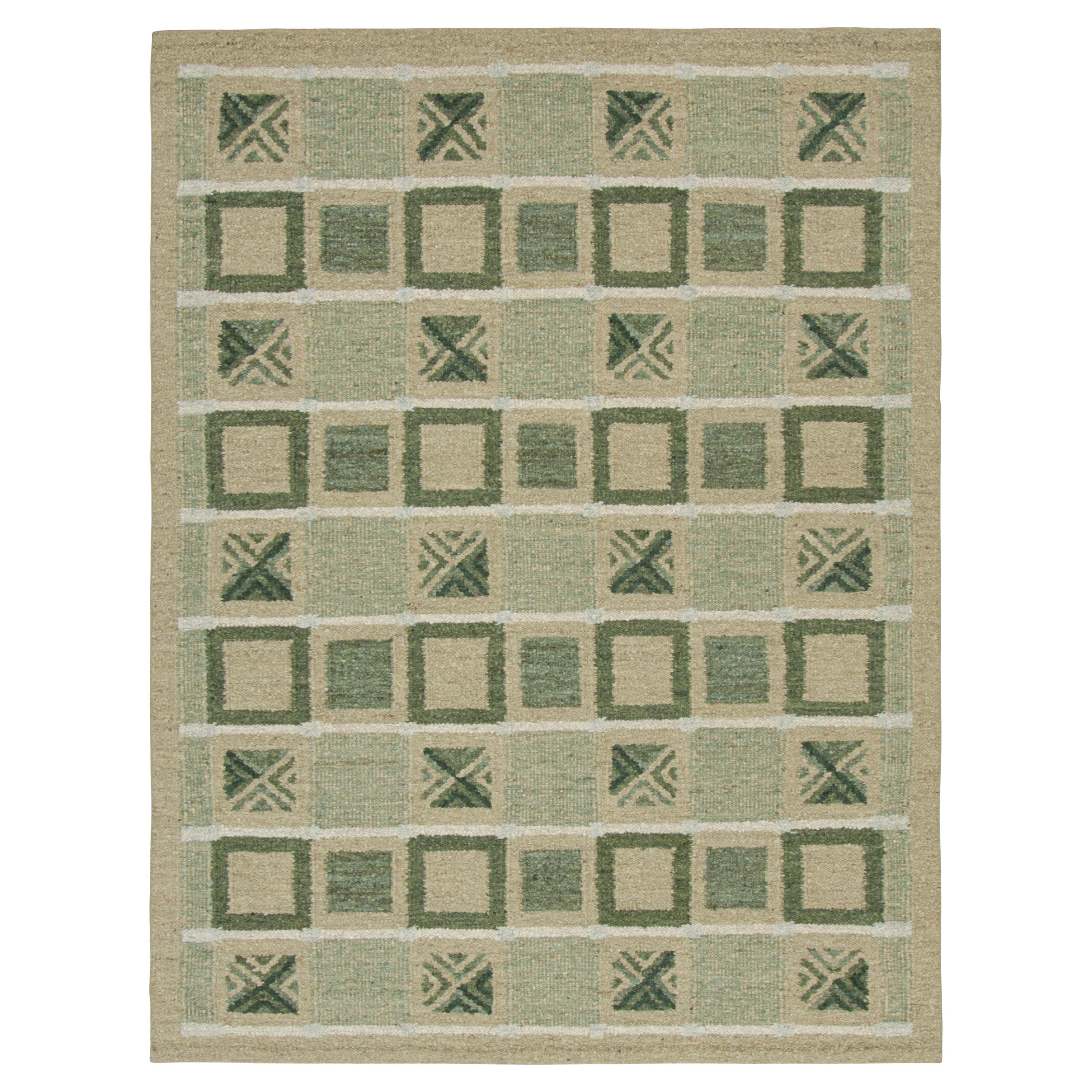 Rug & Kilim’s Scandinavian Style Rug with Green, Beige-Brown Geometric Patterns For Sale