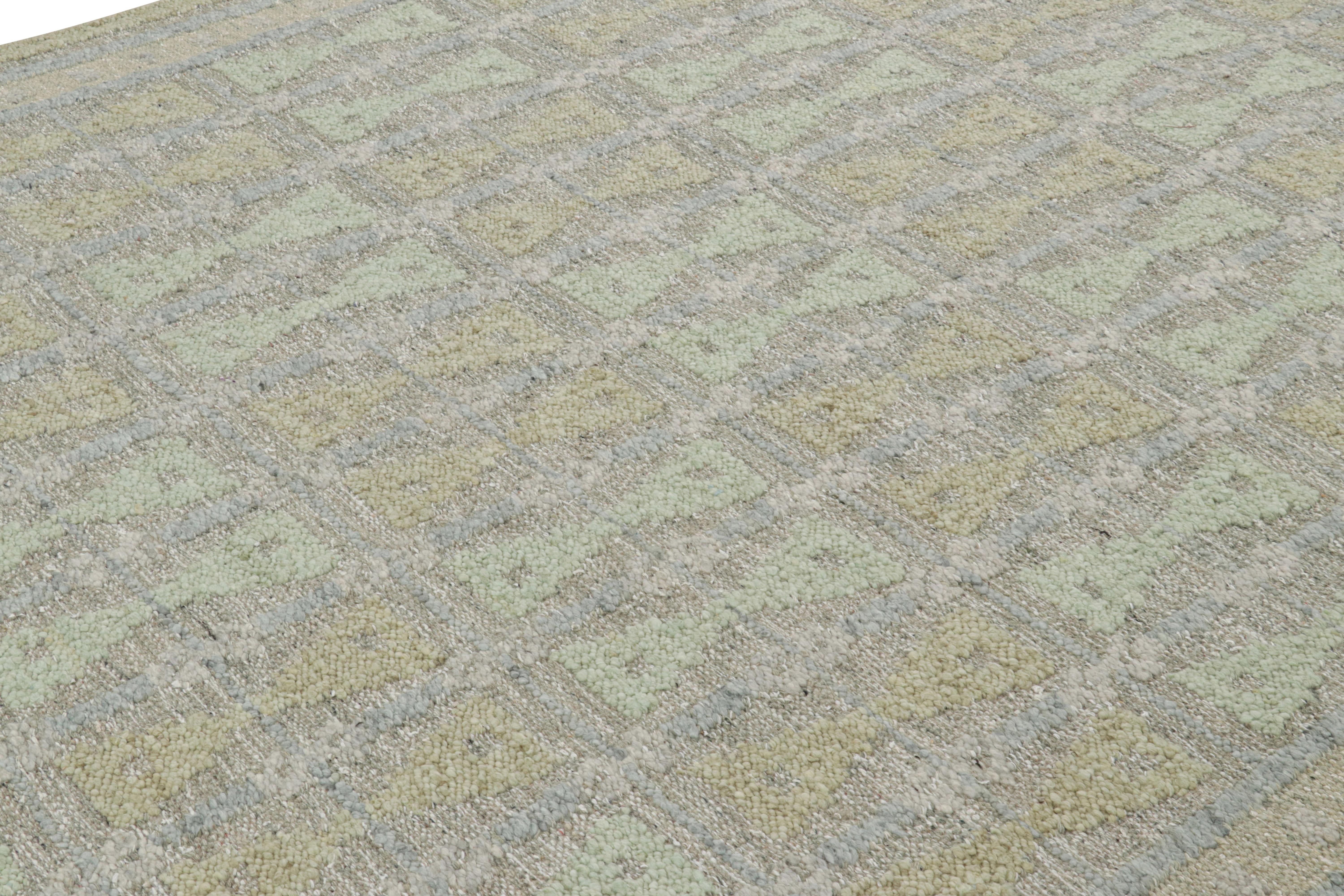 Handwoven in wool, this smart 9x12 Swedish style flat weave is Rug & Kilim’s “Nu” texture in their Scandinavian rug collection. 

On the design: 

Our “Nu” flat weave enjoys a boucle-like texture of blended yarns, and a look both impressionistic and