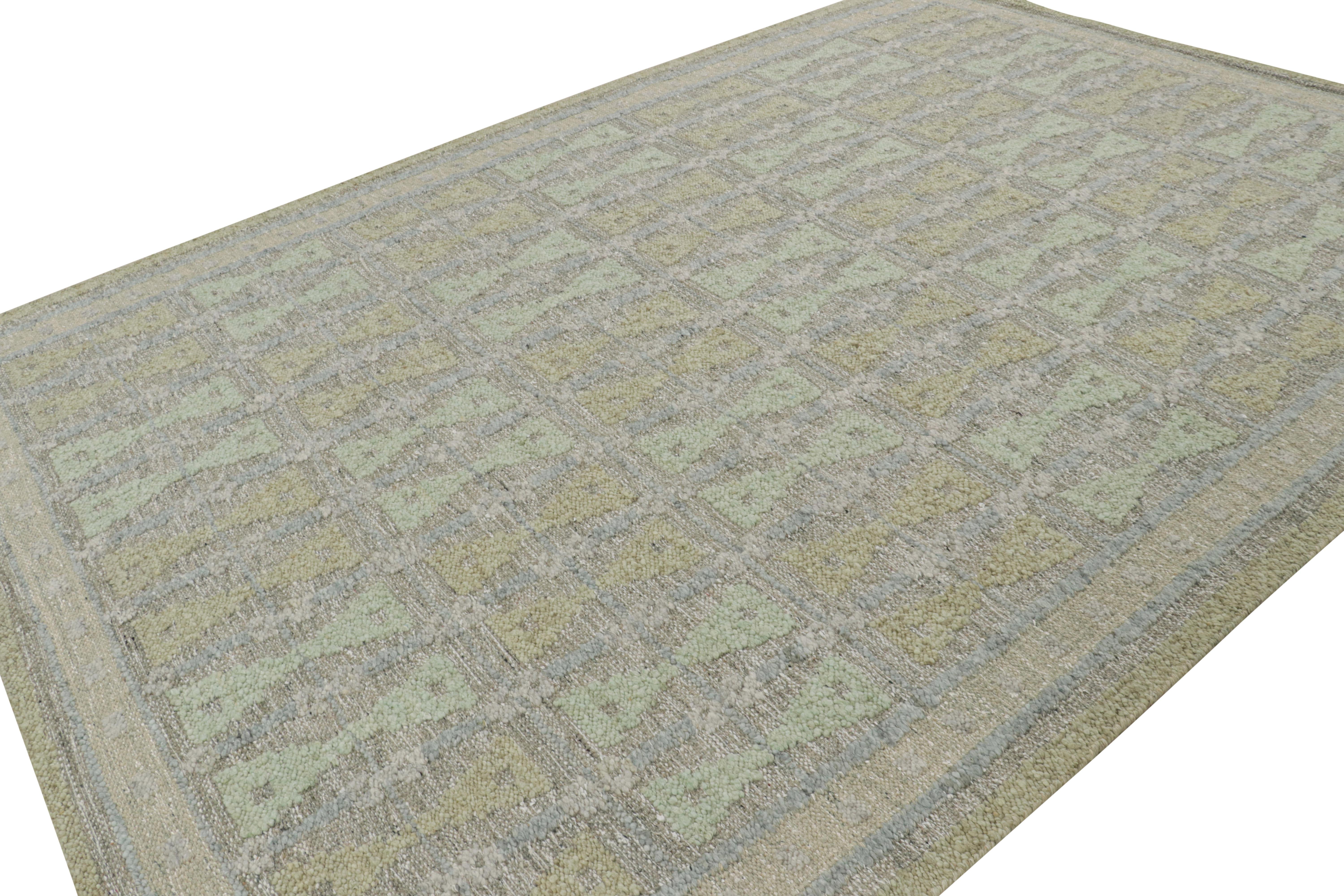 Indian Rug & Kilim’s Scandinavian Style Rug with Hourglass Patterns in Tones of Green For Sale