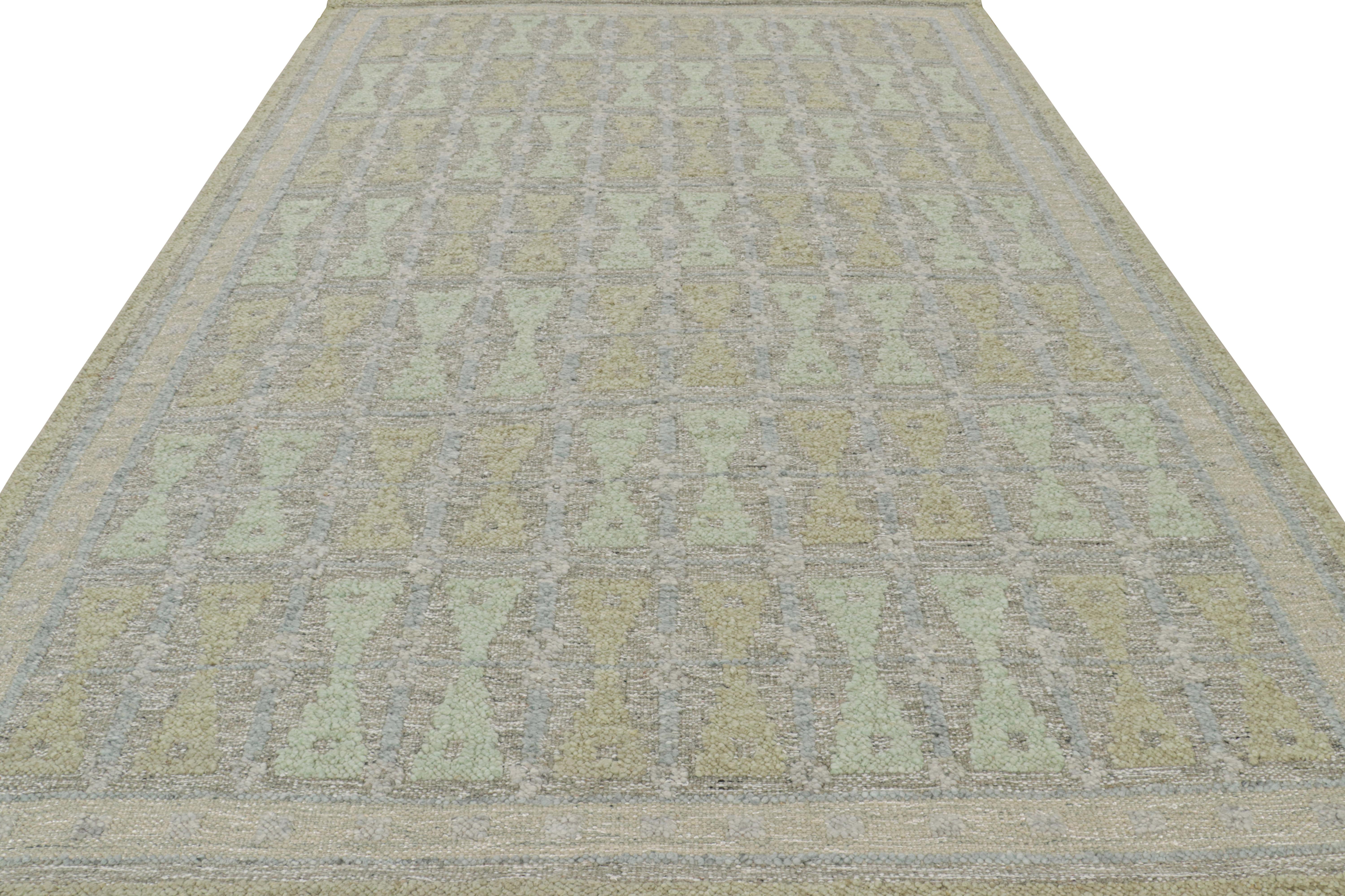 Hand-Woven Rug & Kilim’s Scandinavian Style Rug with Hourglass Patterns in Tones of Green For Sale