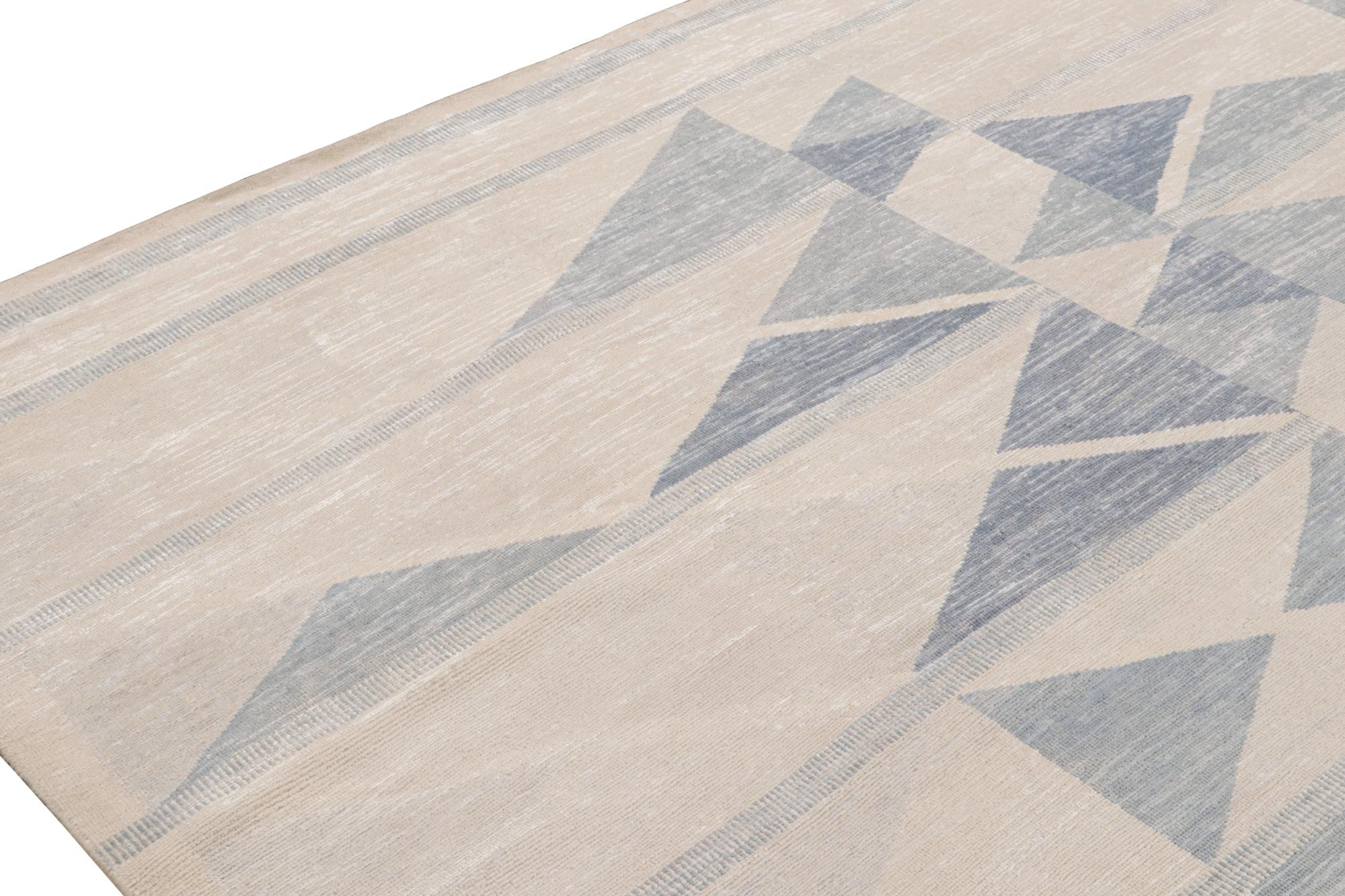 Modern Rug & Kilim’s Scandinavian-Style Rug with Ivory & Blue Geometric Patterns For Sale