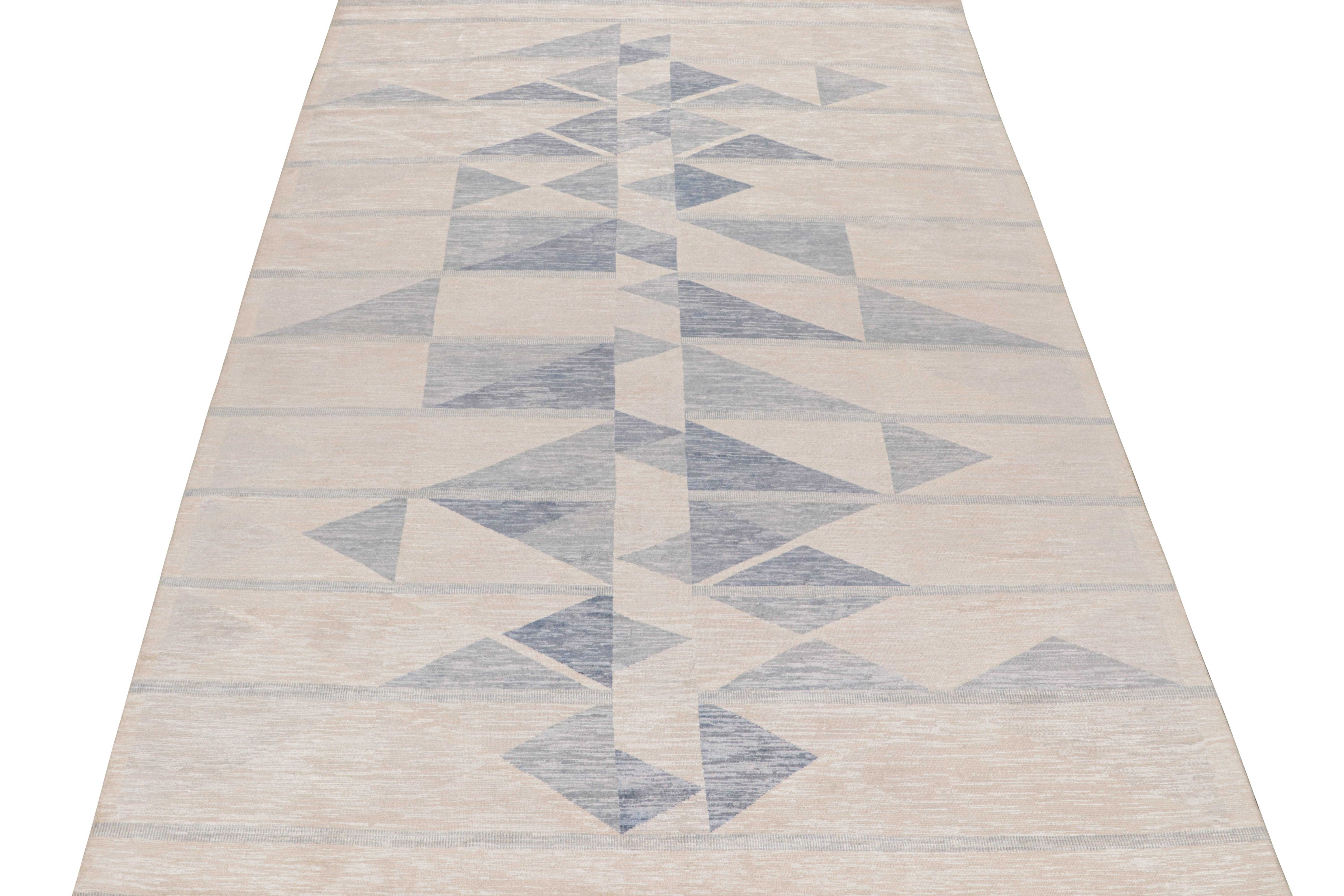 Indian Rug & Kilim’s Scandinavian-Style Rug with Ivory & Blue Geometric Patterns For Sale