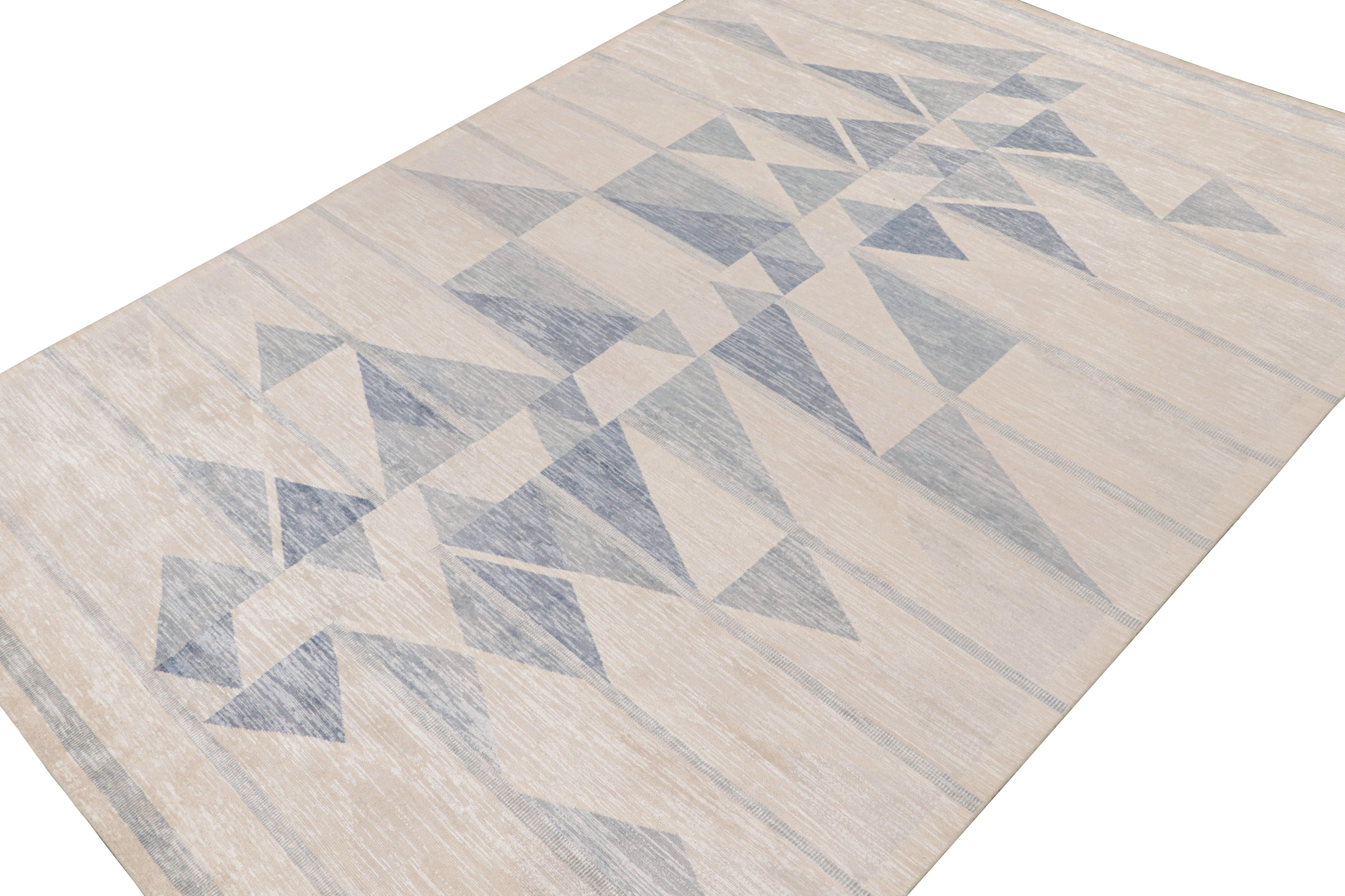 Hand-Knotted Rug & Kilim’s Scandinavian-Style Rug with Ivory & Blue Geometric Patterns For Sale