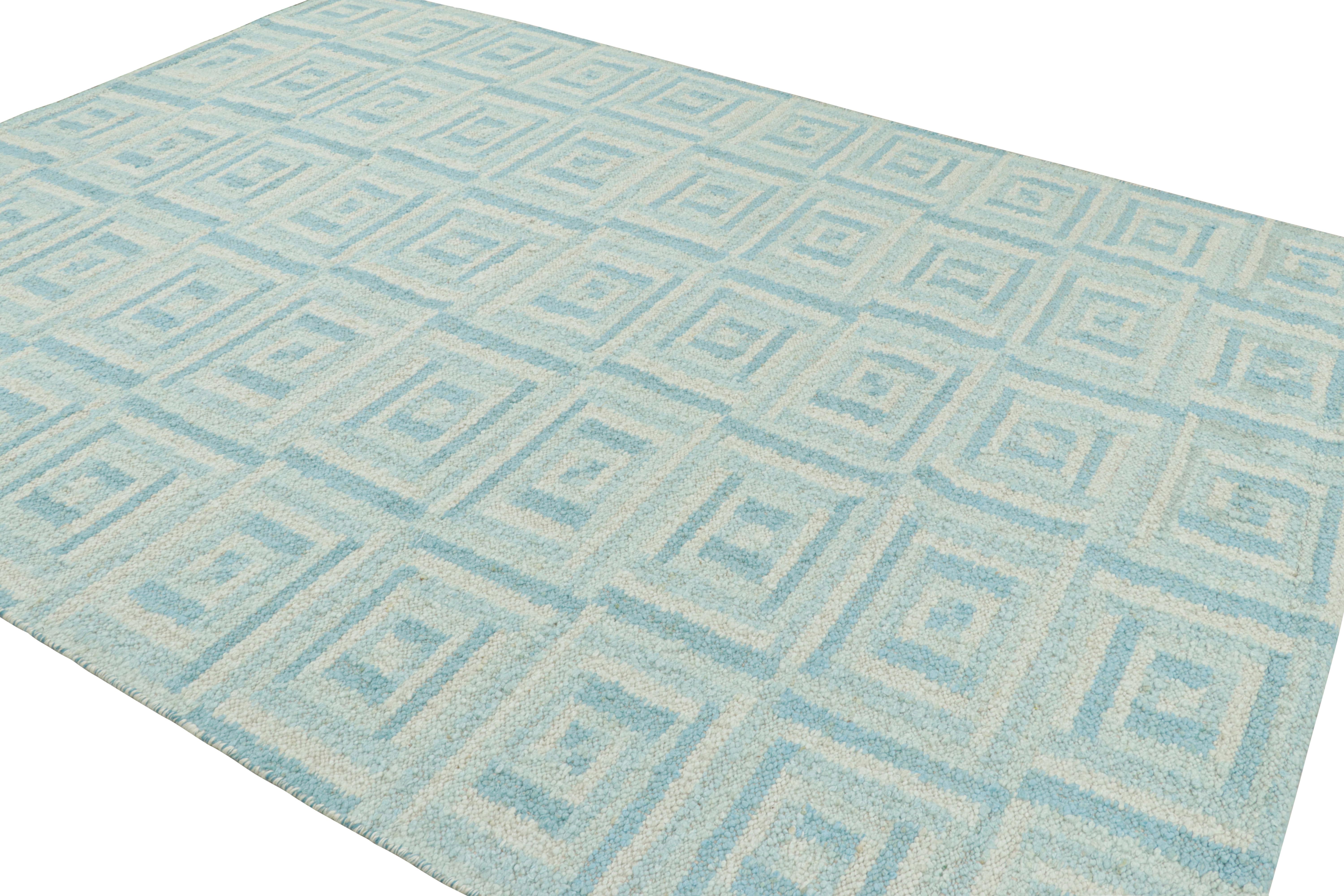 Indian Rug & Kilim’s Scandinavian Style Rug with Light blue and White Geometric Pattern For Sale