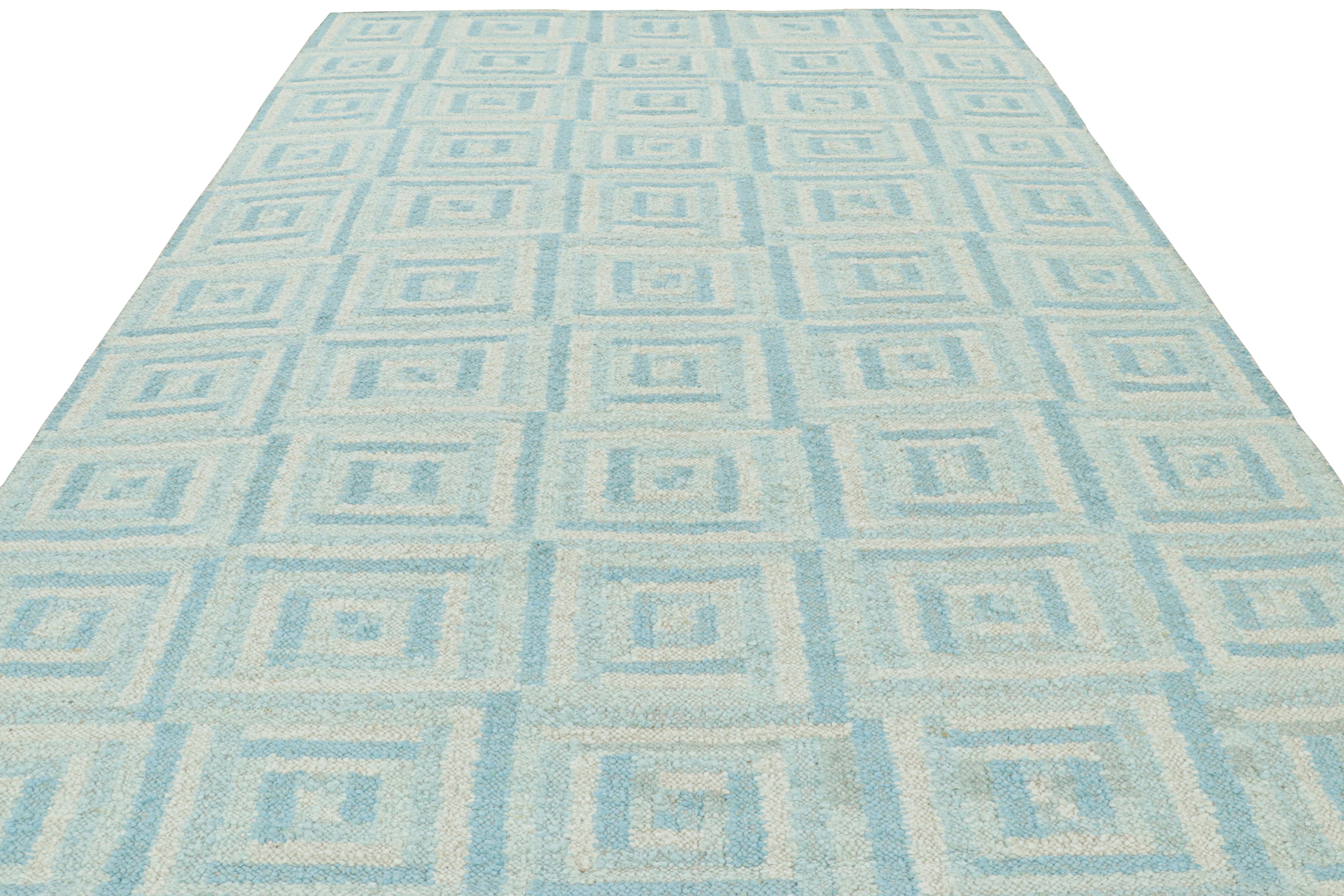 Hand-Woven Rug & Kilim’s Scandinavian Style Rug with Light blue and White Geometric Pattern For Sale