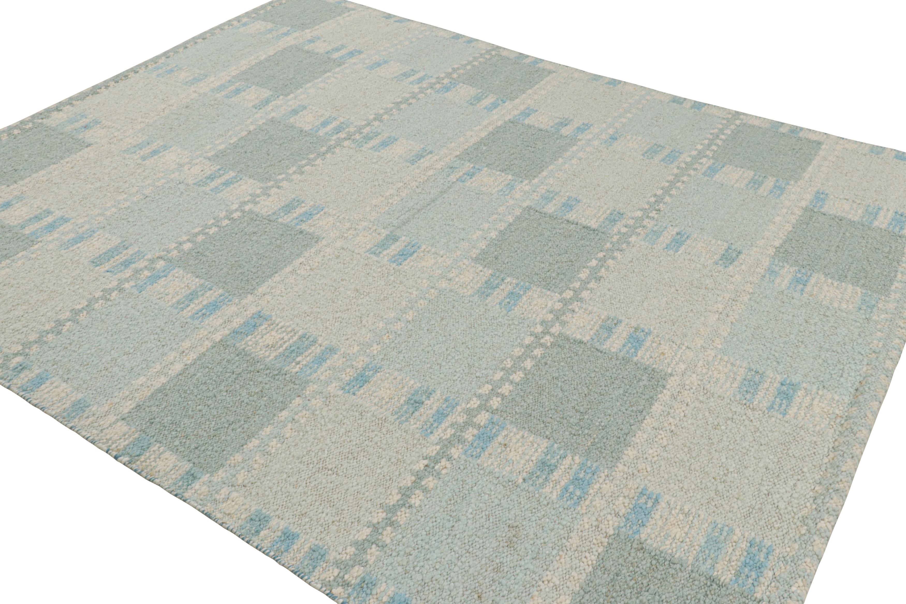 Indian Rug & Kilim’s Scandinavian Style Rug with Light Blue Geometric Patterns For Sale