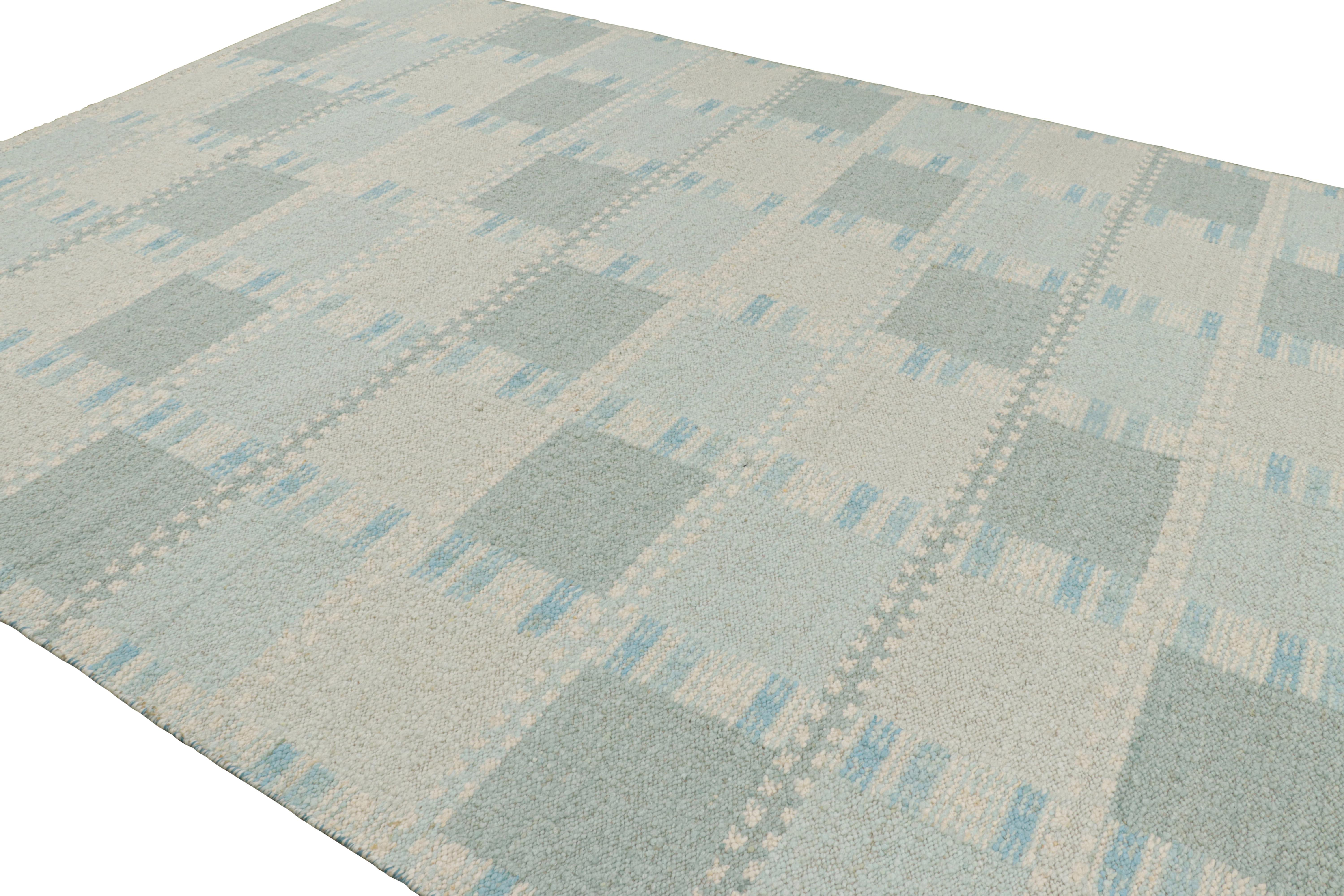 Indian Rug & Kilim’s Scandinavian Style Rug with Light Blue Geometric Patterns For Sale
