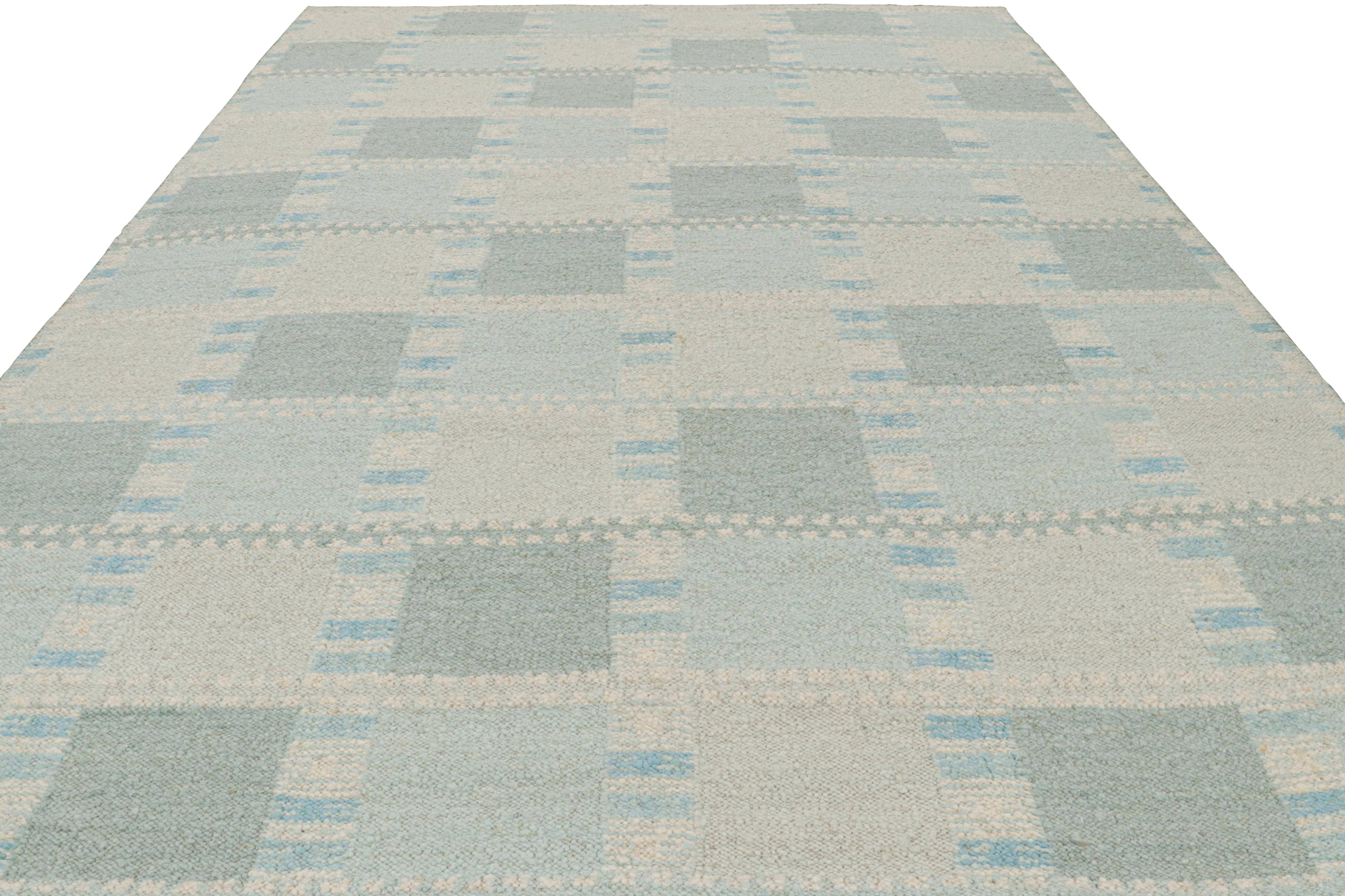 Hand-Woven Rug & Kilim’s Scandinavian Style Rug with Light Blue Geometric Patterns For Sale