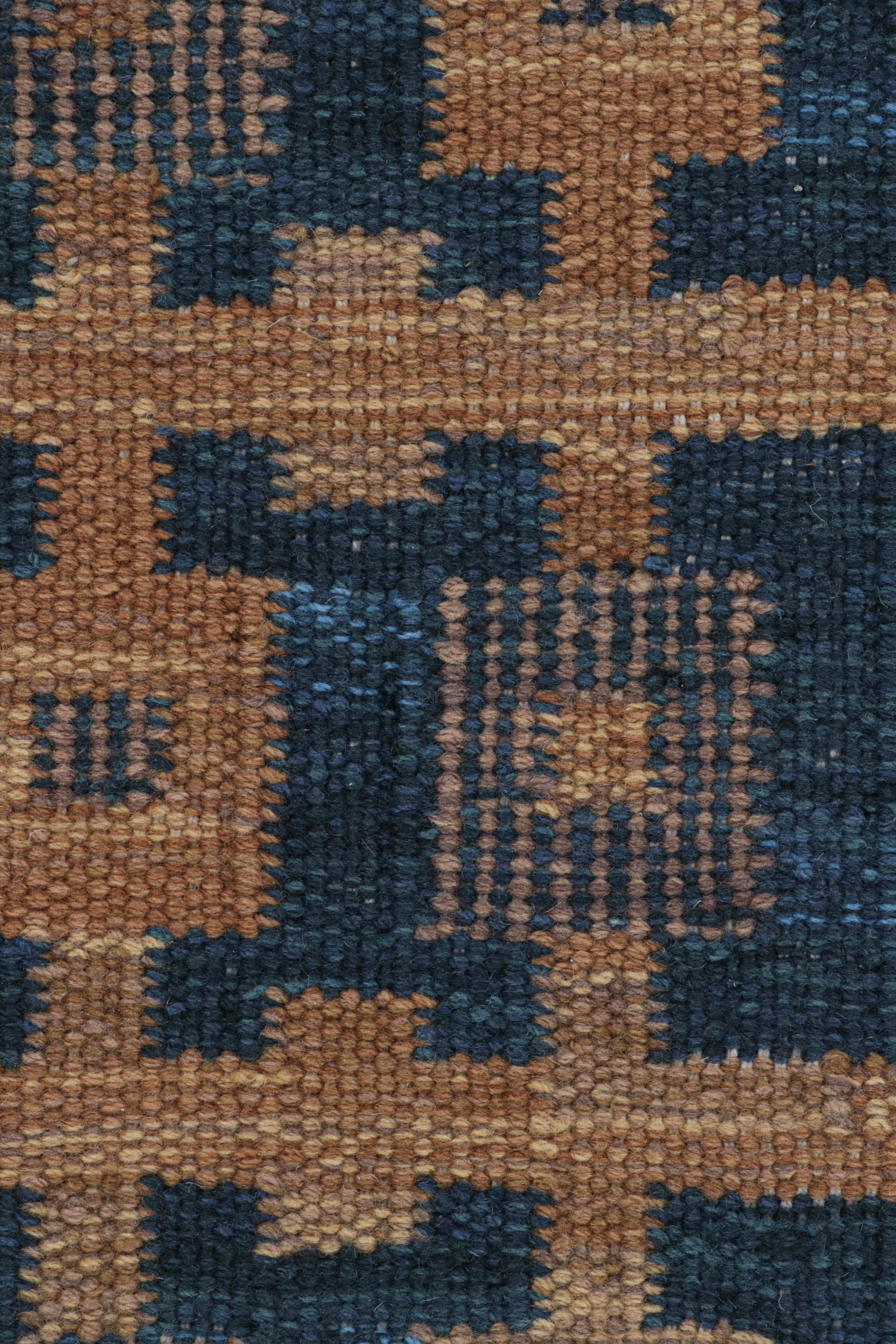 Modern Rug & Kilim’s Scandinavian Style Rug with Navy Blue and Brown Geometric Patterns For Sale