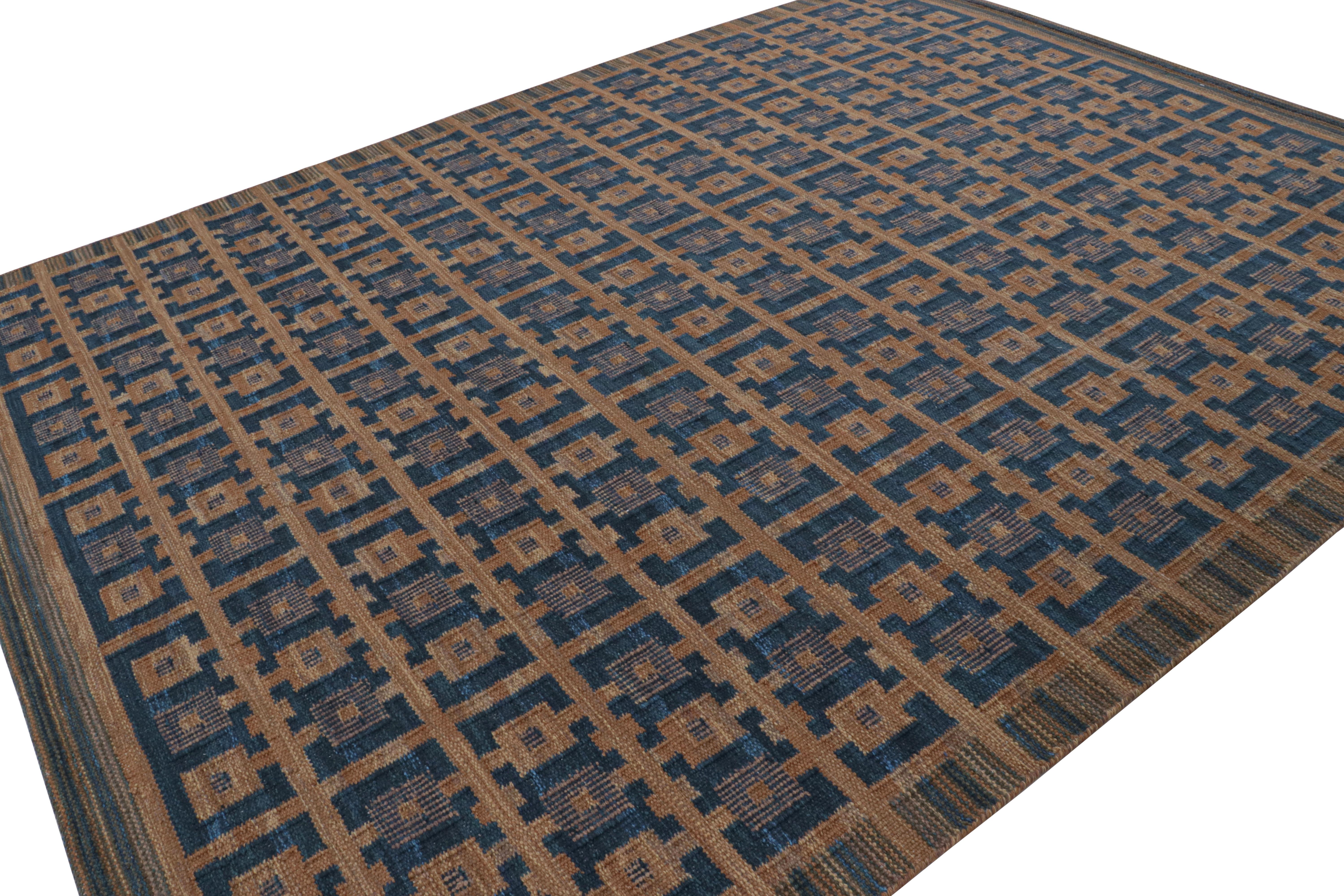 Indian Rug & Kilim’s Scandinavian Style Rug with Navy Blue and Brown Geometric Patterns For Sale