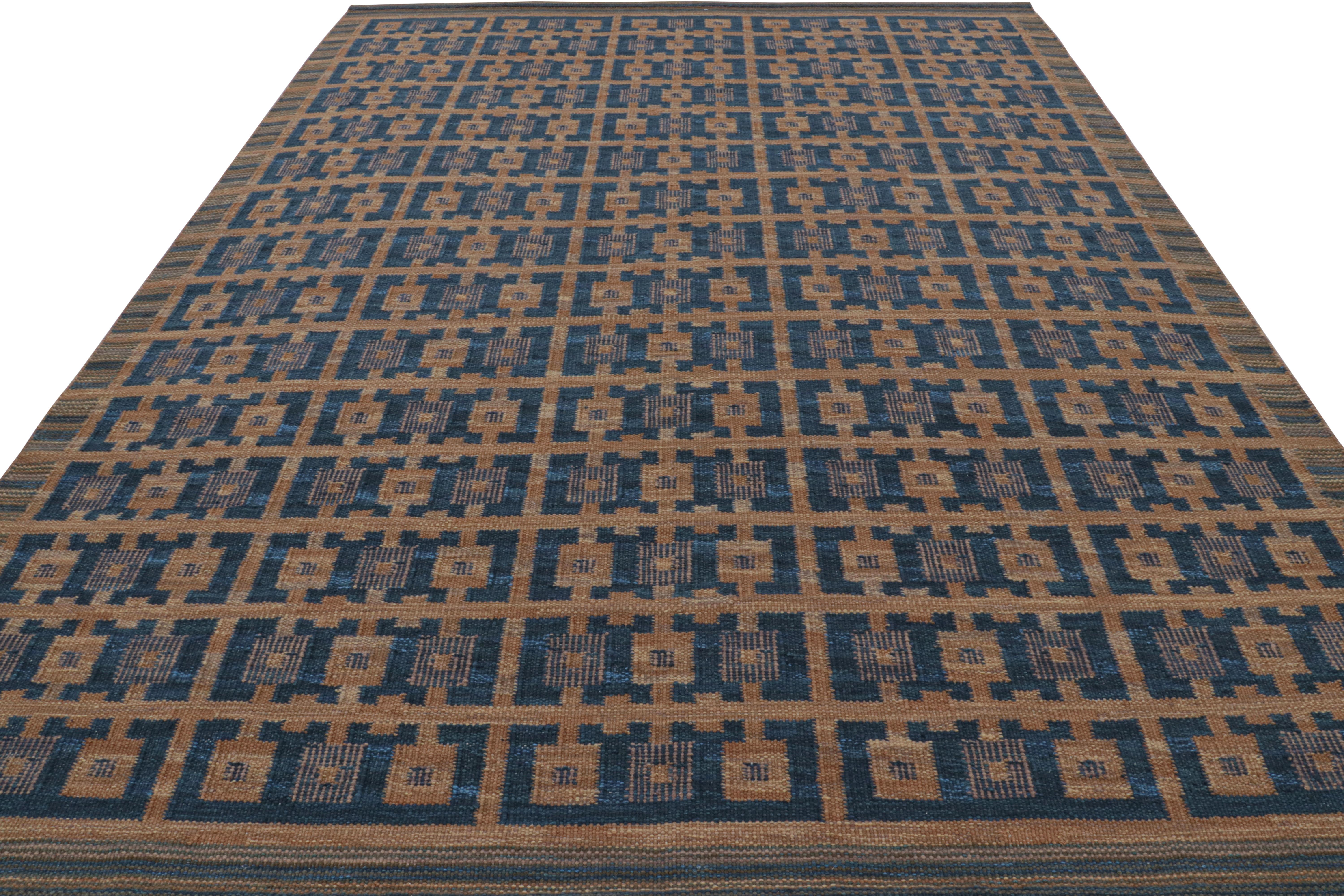 Hand-Woven Rug & Kilim’s Scandinavian Style Rug with Navy Blue and Brown Geometric Patterns For Sale