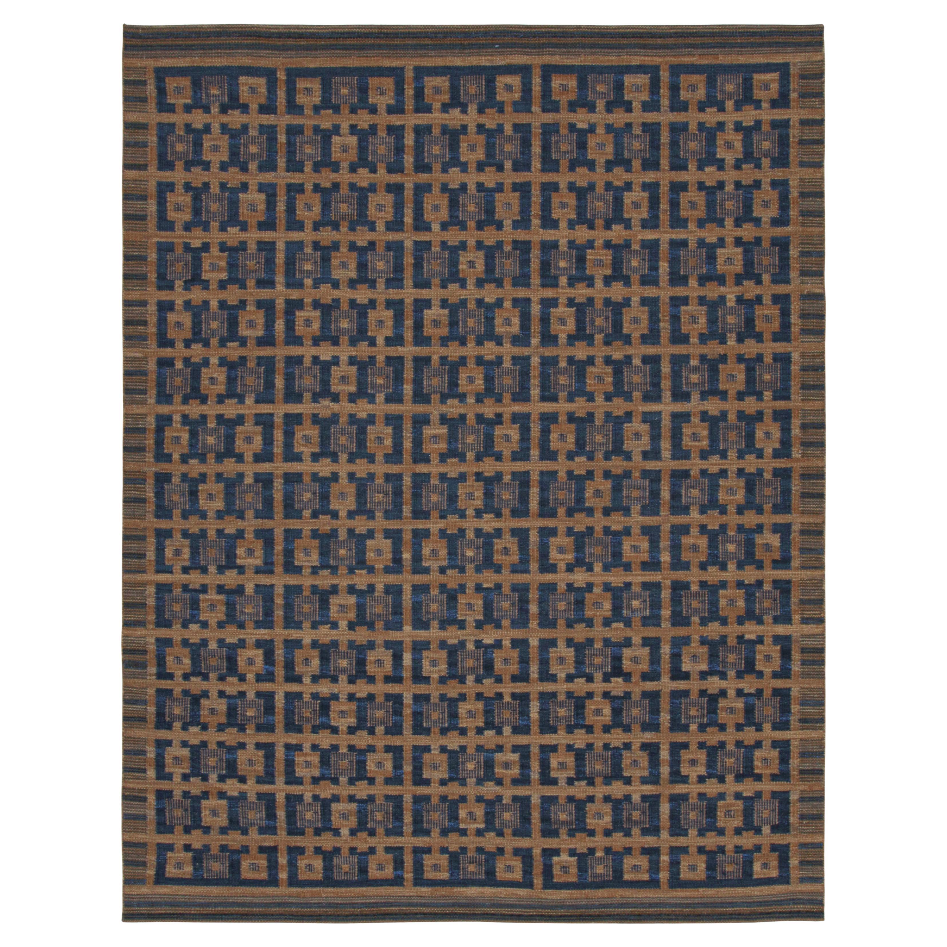 Rug & Kilim’s Scandinavian Style Rug with Navy Blue and Brown Geometric Patterns