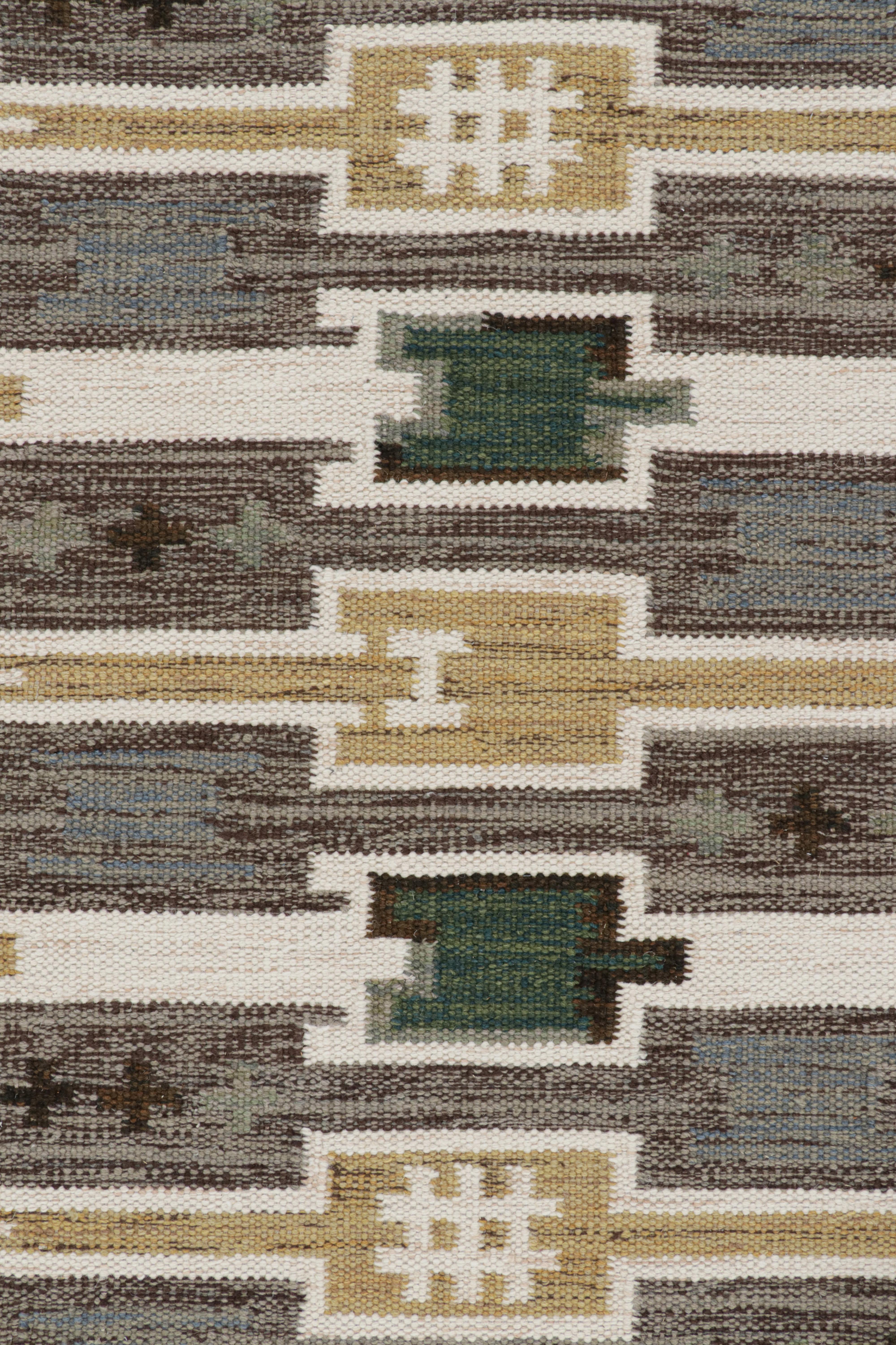 Modern Rug & Kilim’s Scandinavian Style Rug with Patterns in Green, Gold and Brown For Sale