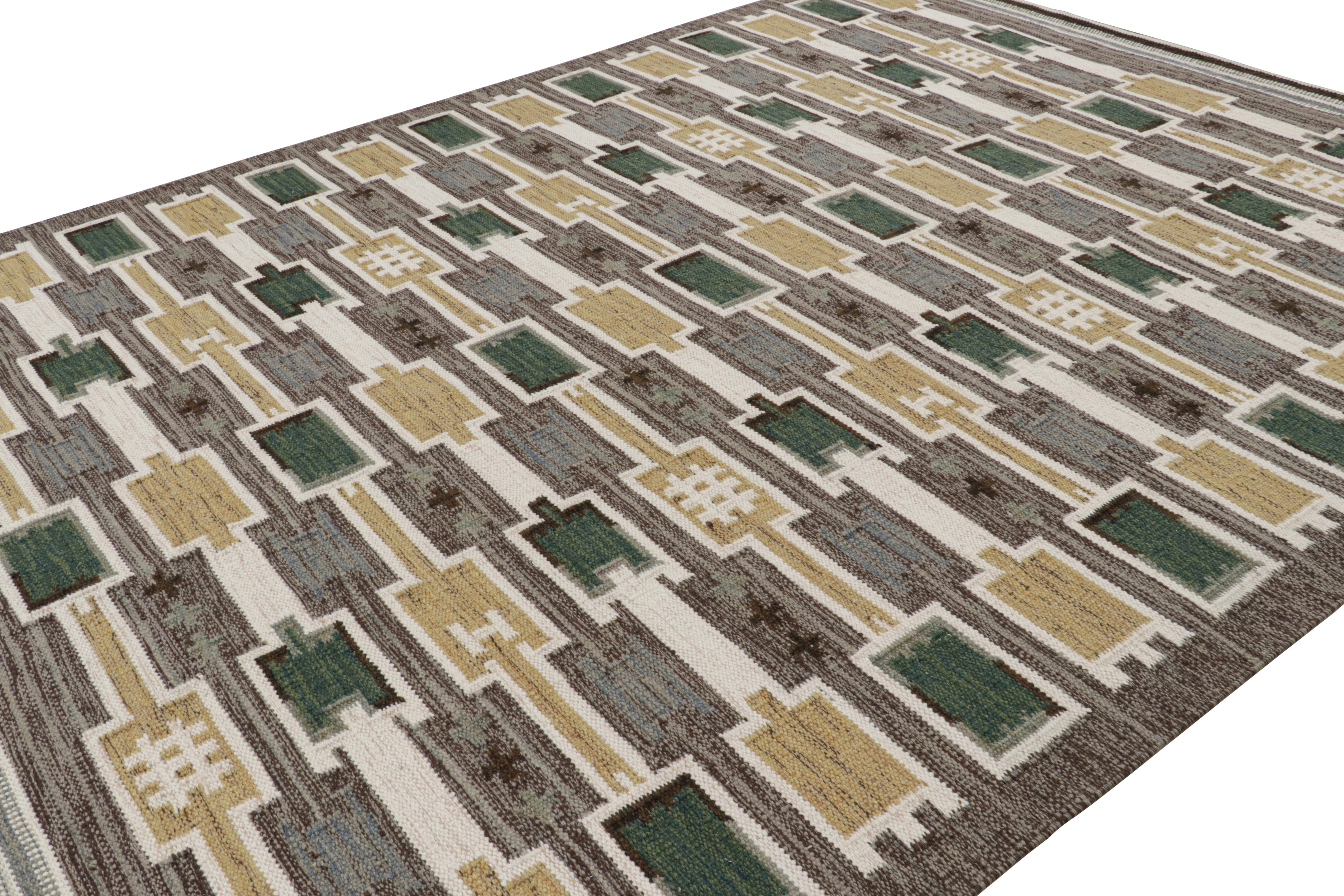 Indian Rug & Kilim’s Scandinavian Style Rug with Patterns in Green, Gold and Brown For Sale