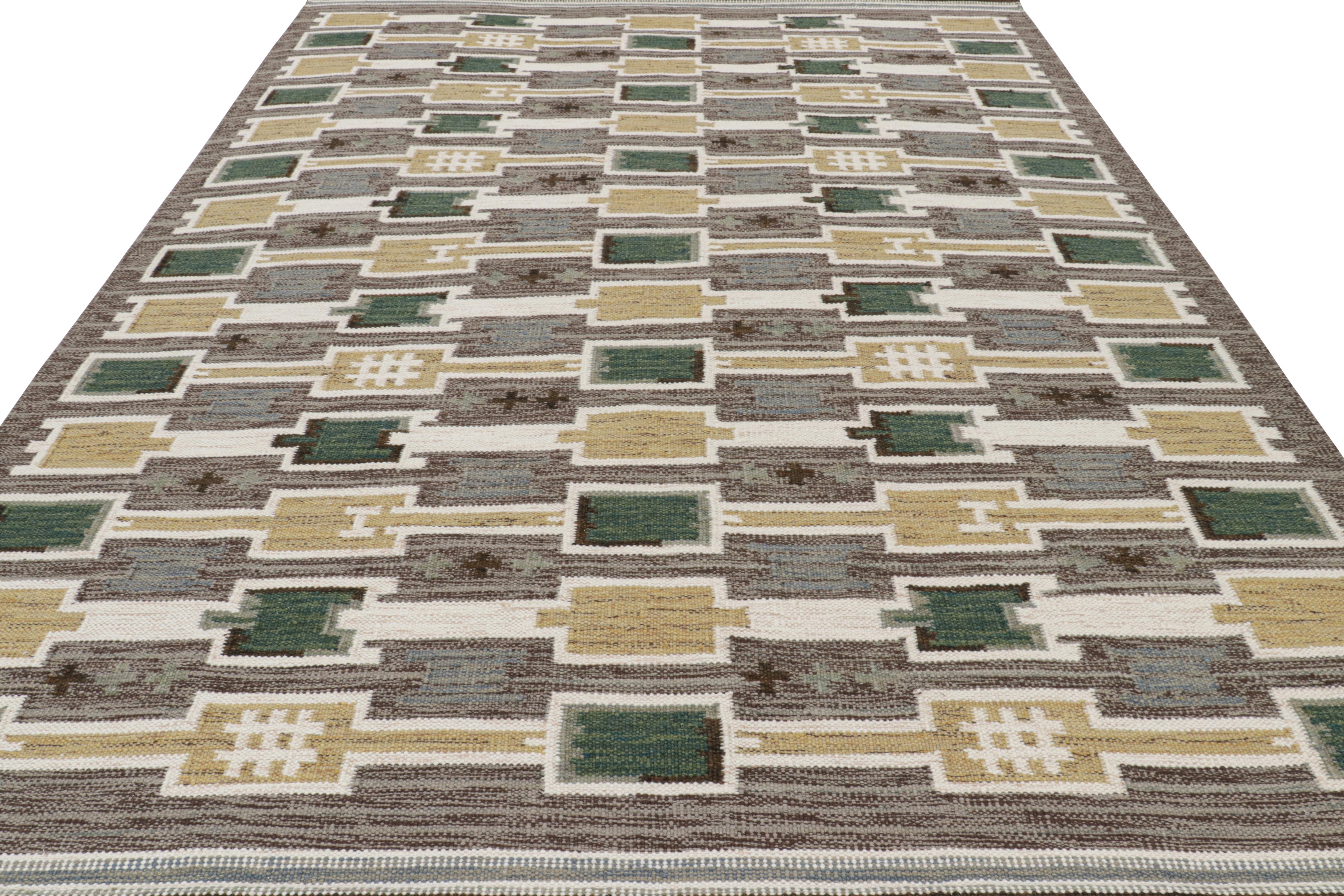 Hand-Woven Rug & Kilim’s Scandinavian Style Rug with Patterns in Green, Gold and Brown For Sale